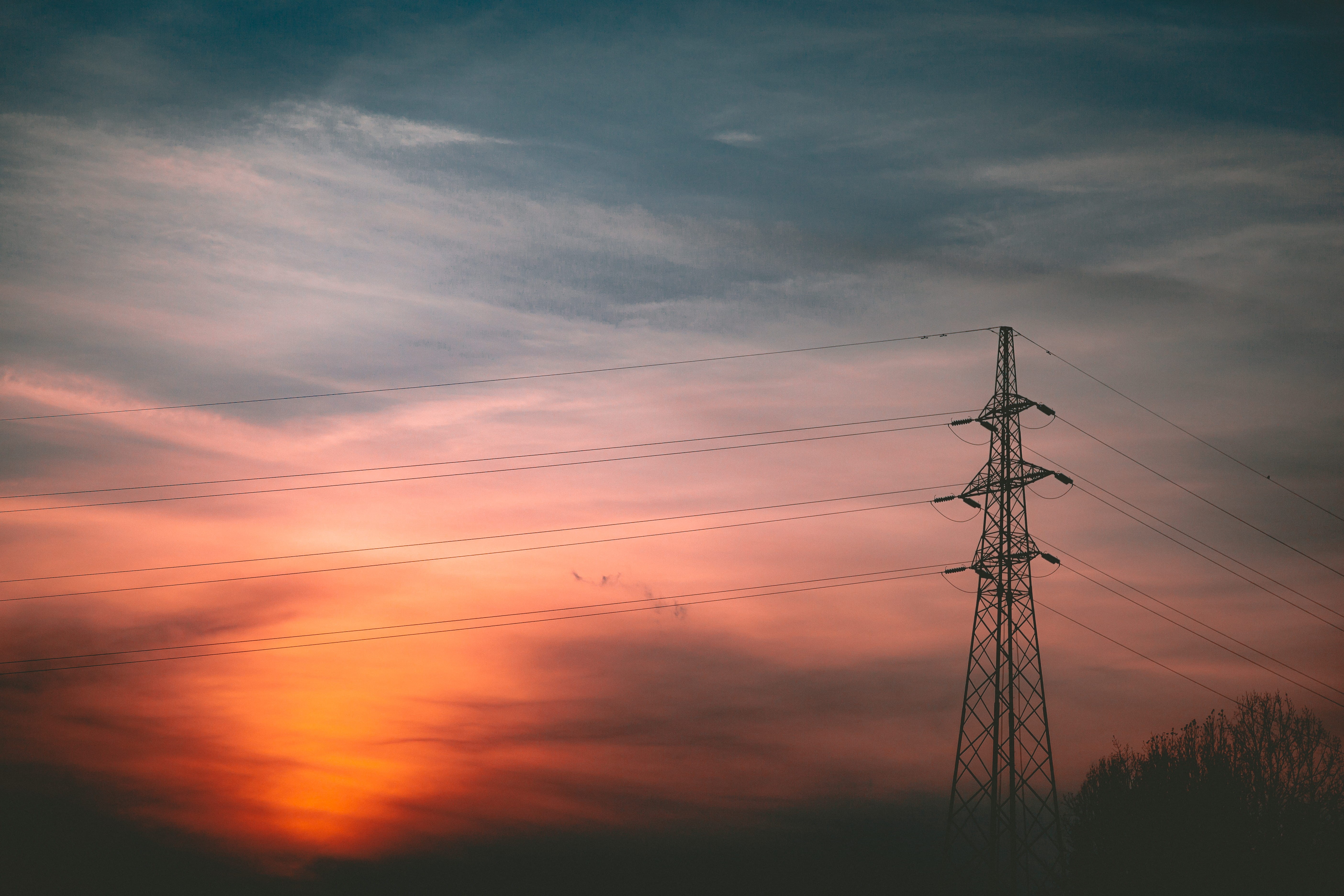 dusk, power lines, tower, red sky, romantic sky, sunrise, harness, technology, scenics - nature, building, electricity, sky, power supply, orange color, HD Wallpaper