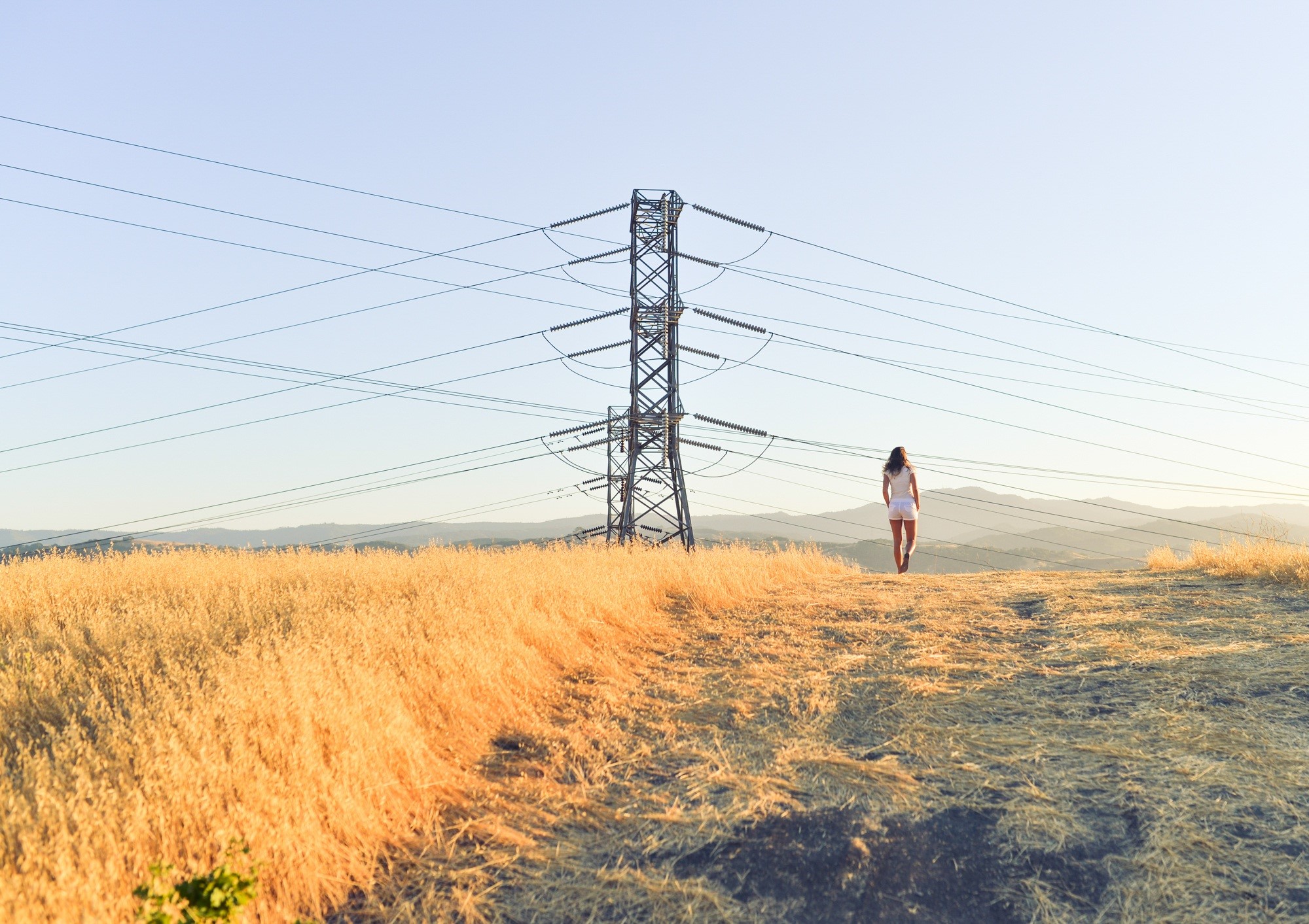 environment, landscape, strolling, power, sky, connection, woman, supply, grass, tower, person, summer, outdoors, one person, land, standing, nature, girl, HD Wallpaper