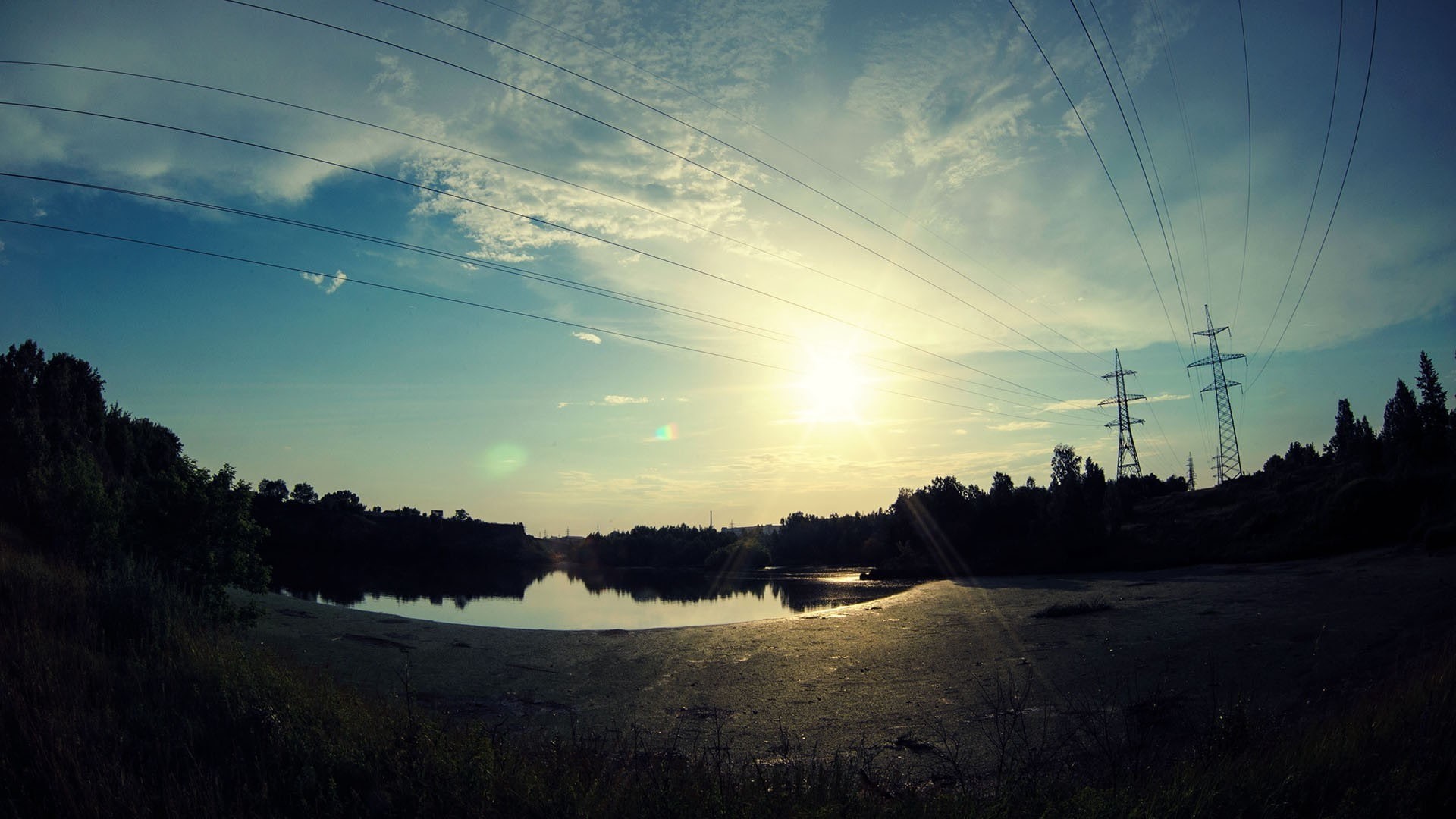 sky, plant, electricity, sun, no people, tree, tranquil scene, 1080P, connection, sunset, power line, nature, technology, cable, beauty in nature, tranquility, HD Wallpaper