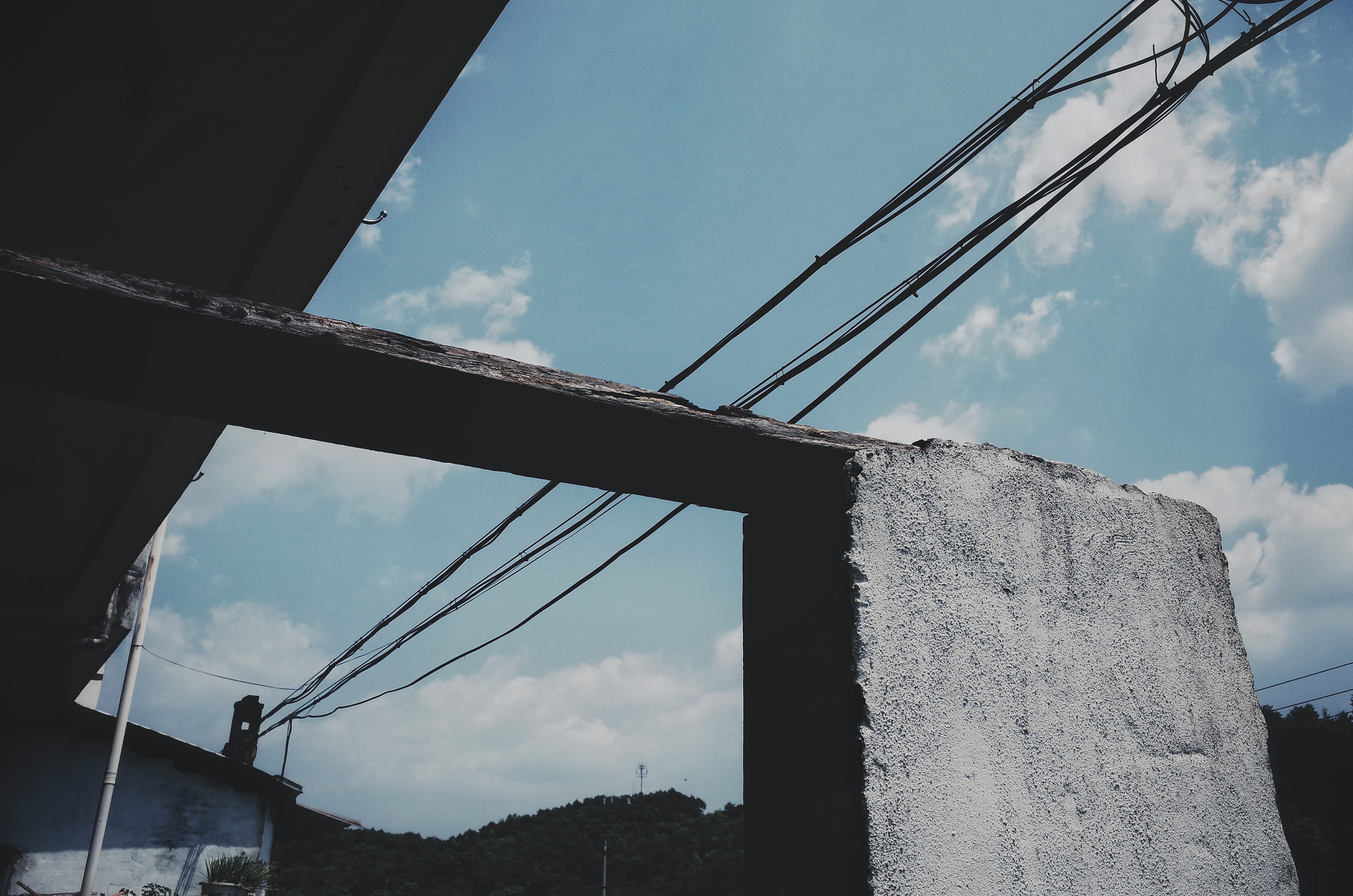 sunlight, metal, cable, concrete, 4K, utility pole, electric transmission tower, architecture, tower, building exterior, power lines, connection, nature, HD Wallpaper
