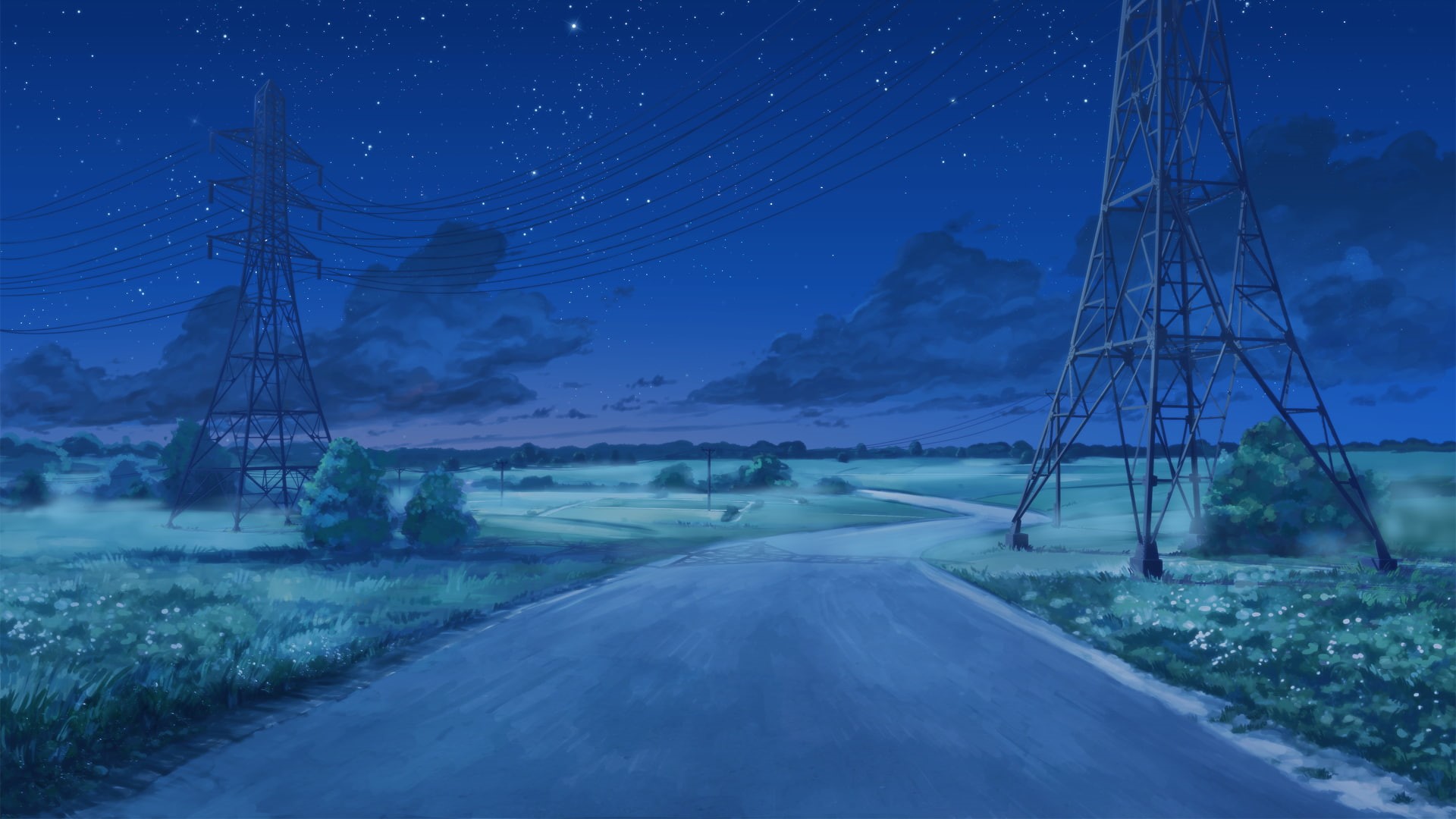 power lines, clouds, ArseniXC, 1080P, Everlasting Summer, starry night, utility pole, HD Wallpaper