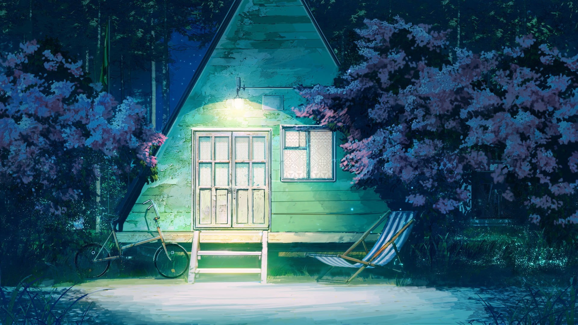house, triangle, blossom, bicycle, hammocks, Everlasting Summer, nature, building exterior, beauty in nature, flowering plant, illuminated, built structure, HD Wallpaper
