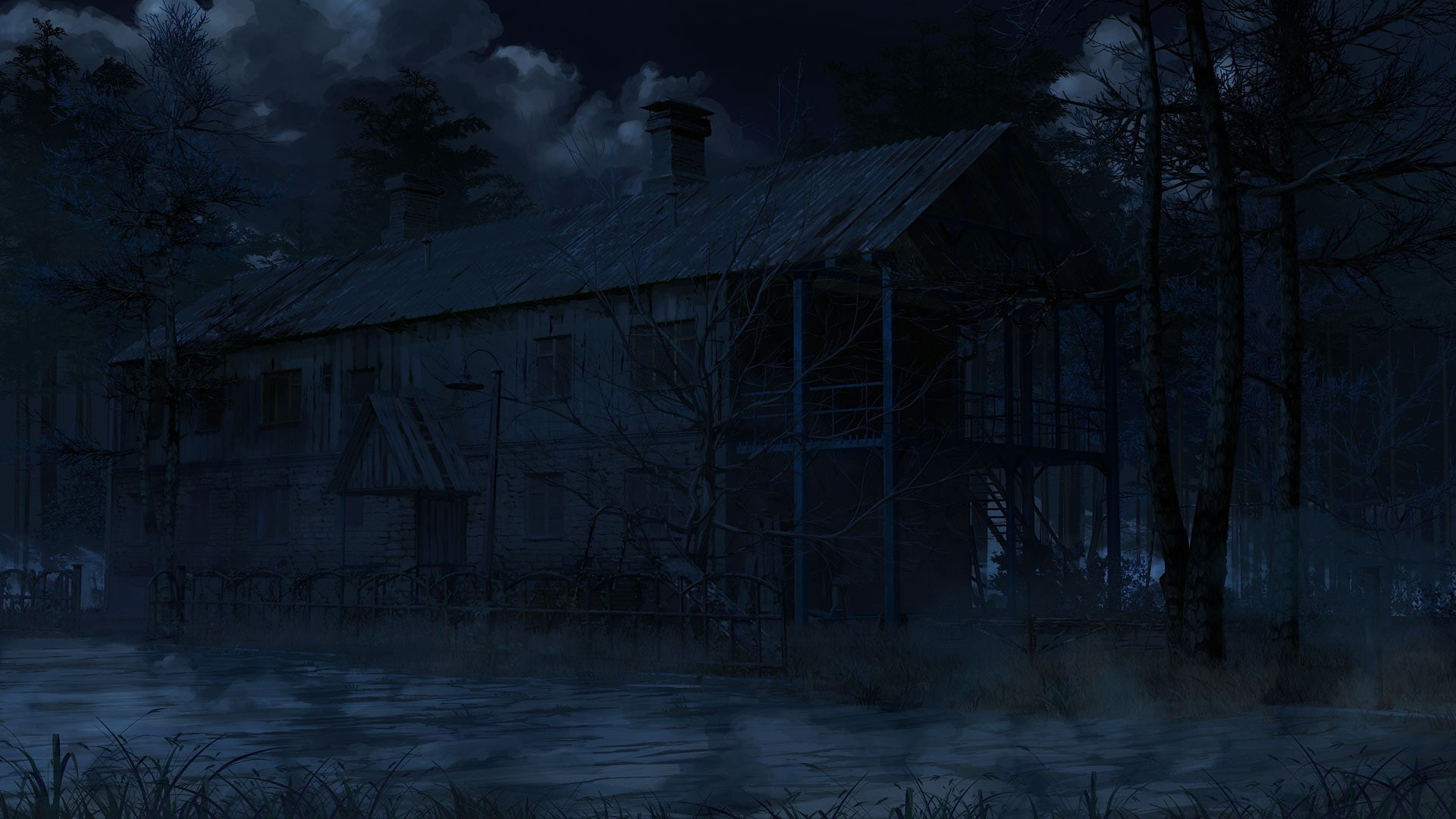 water, 1080P, plant, building, built structure, old, night, Everlasting Summer, tree, nature, bare tree, outdoors, house, ArseniXC, no people, digital composite, HD Wallpaper