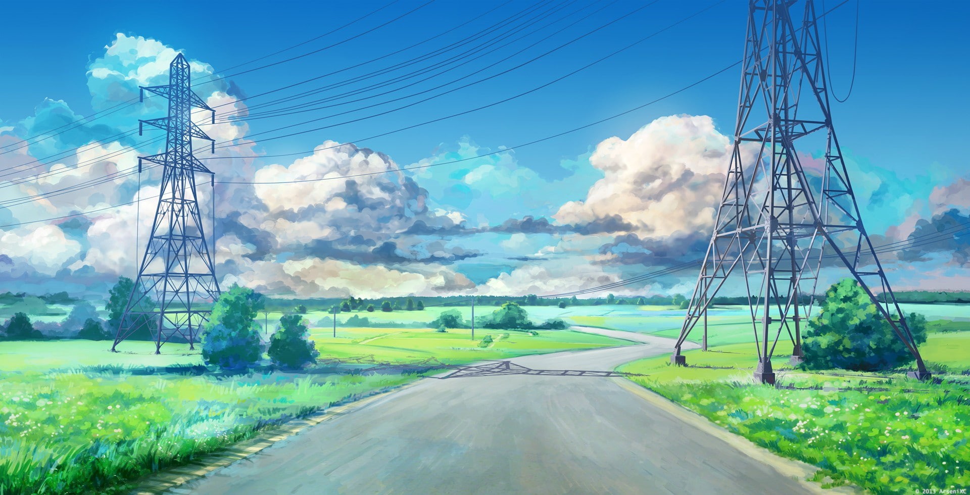 clouds, artwork, power lines, road, Everlasting Summer, anime, visual novel, green, blue, landscape, utility pole, 1080P, ArseniXC, HD Wallpaper