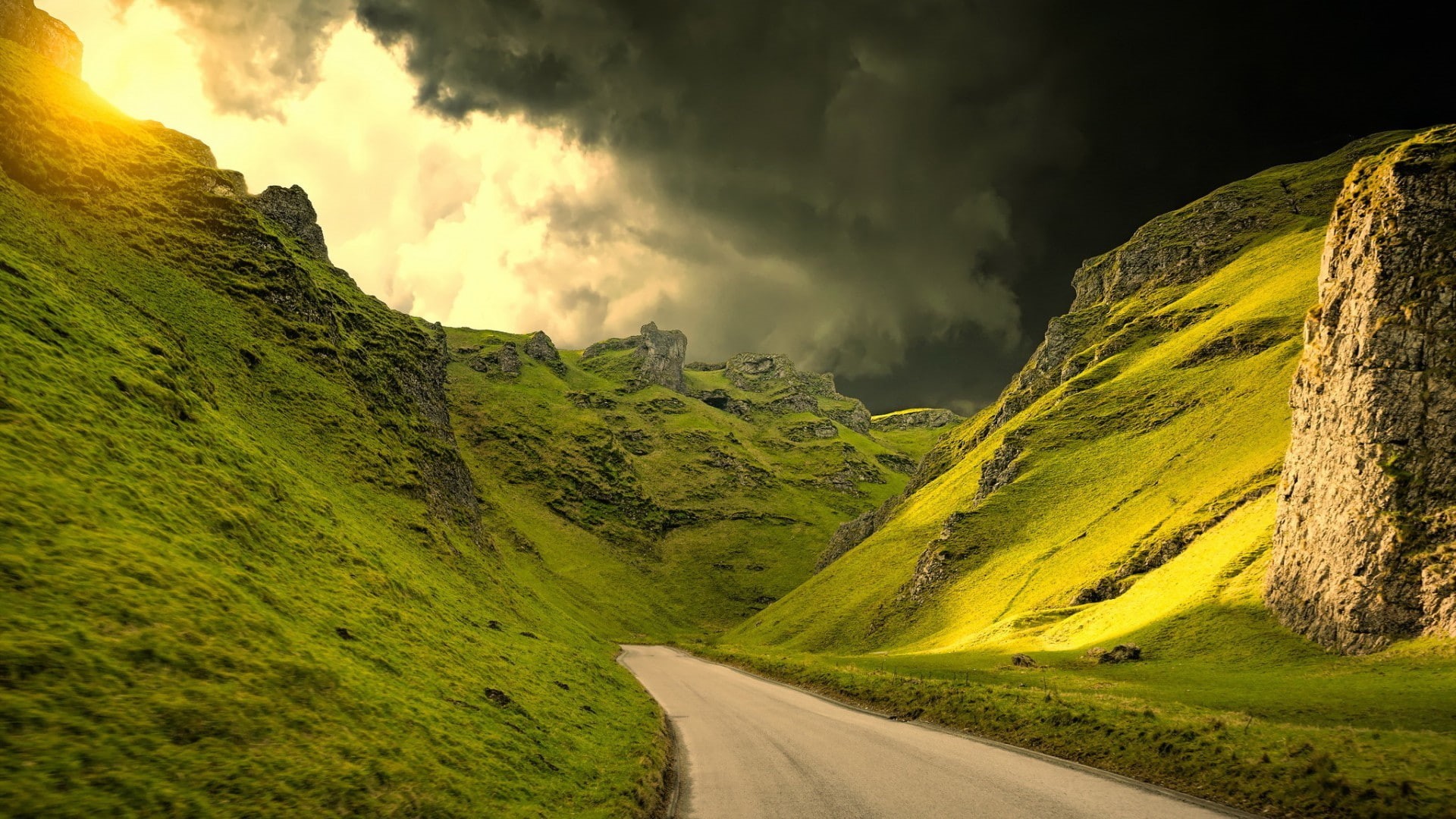 road, scenics - nature, direction, beauty in nature, no people, 1080P, transportation, landscape, clouds, rock, sunlight, tranquility, non-urban scene, HD Wallpaper