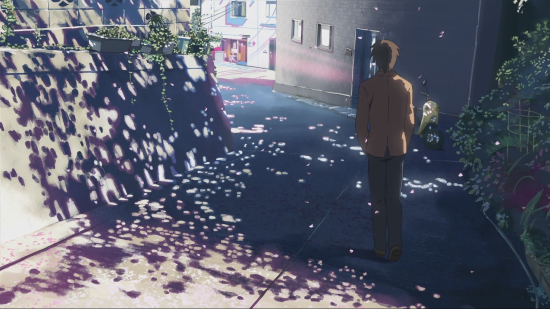 transportation, sunlight, city, Makoto Shinkai , still, plant, walking, street, standing, built structure, 1080P, anime, nature, real people, building exterior, HD Wallpaper