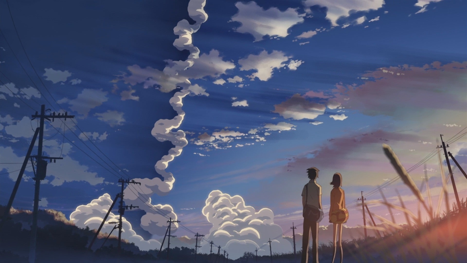 utility pole, clouds, 5 Centimeters Per Second, 1080P, power lines, contrails, Makoto Shinkai, HD Wallpaper