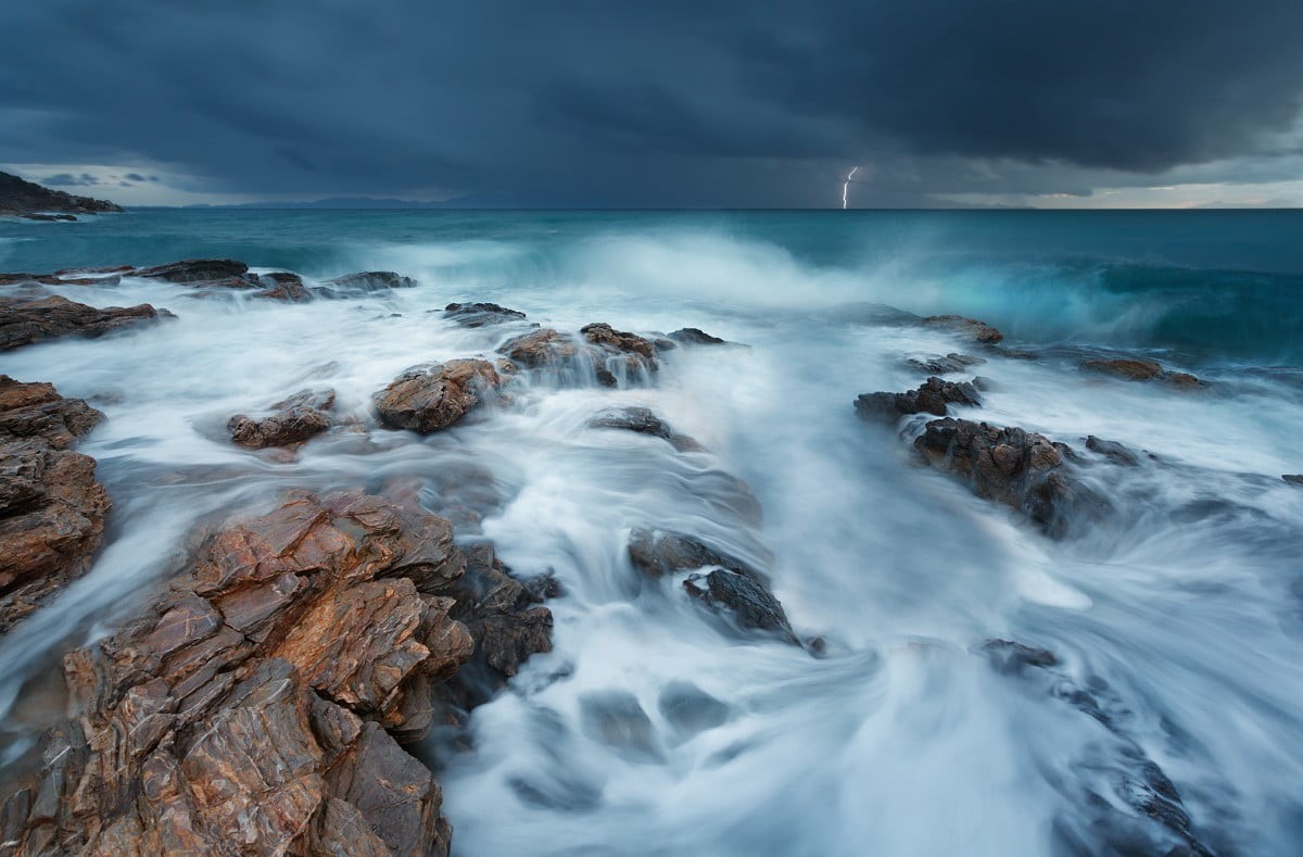 clouds, sea, lightning, flowing, horizon over water, landscape, rock, storm, cloud - sky, water, sky, scenics - nature, blurred motion, waves, land, motion, HD Wallpaper