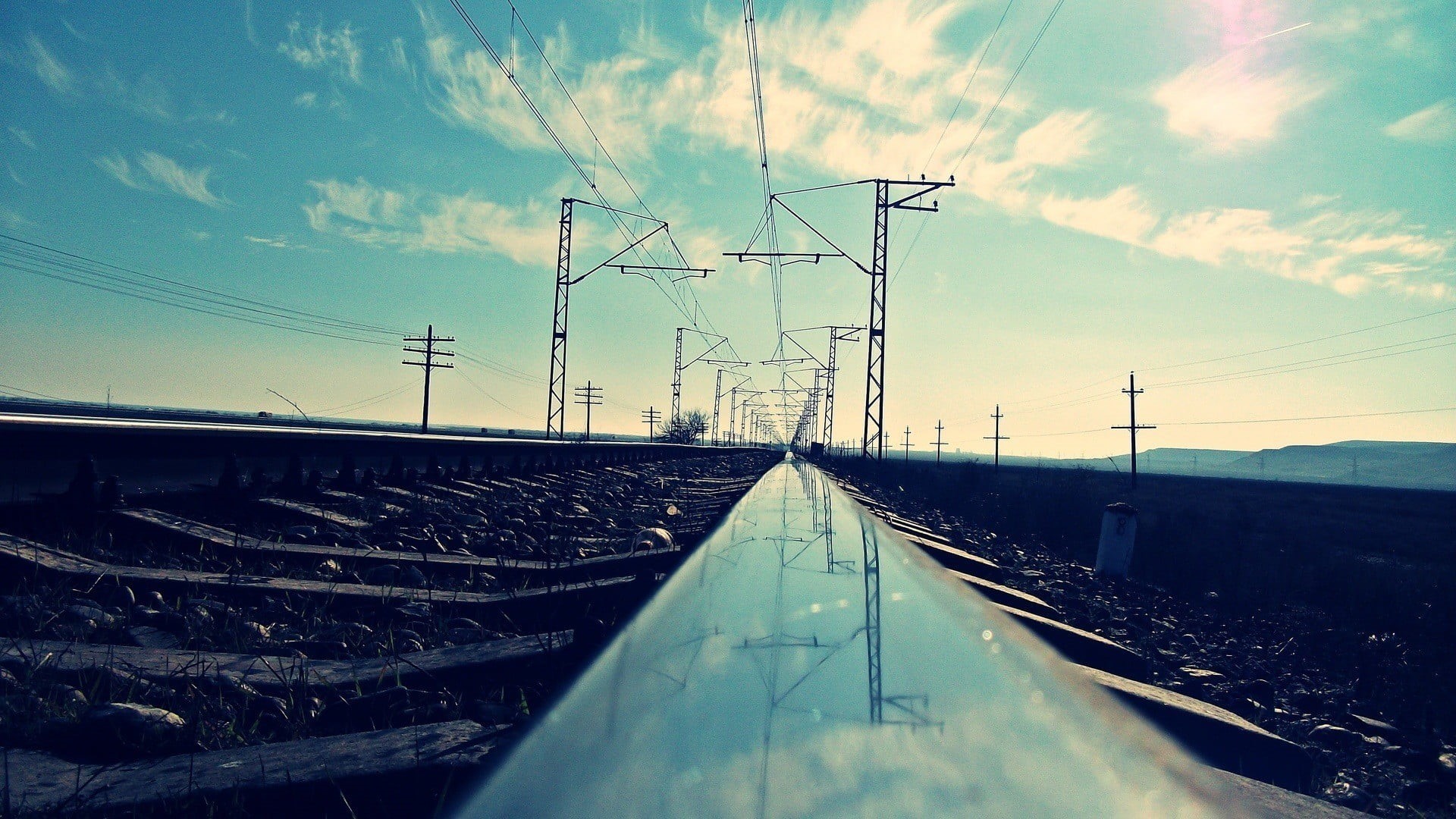 railroad track, day, sky, worms eye view, railway, outdoors, landscape, utility pole, clouds, built structure, nature, architecture, rails, electricity, HD Wallpaper