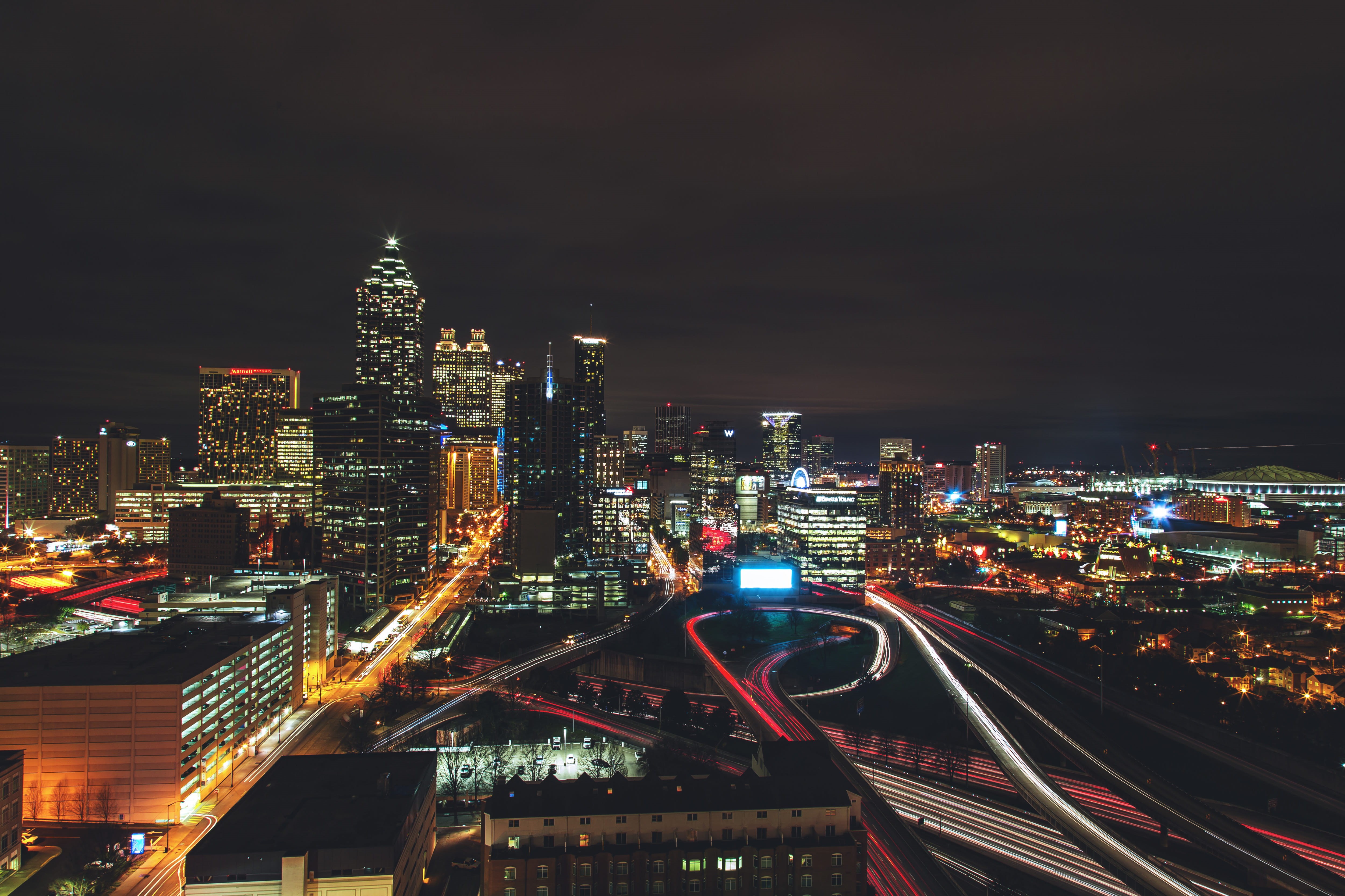 no people, blurred Motion, Atlanta, street, USA, travel, building, 4K, across, skyscraper, cityscape, urban, office building exterior, city, modern, multiple Lane Highway, HD Wallpaper