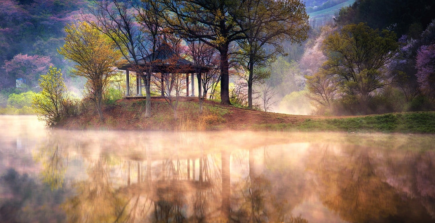 sky, outdoors, autumn, grass, sunbeam, mist, lake, tranquil scene, tree, land, South Korea, trees, beauty in nature, mountains, plant, environment, landscape, HD Wallpaper