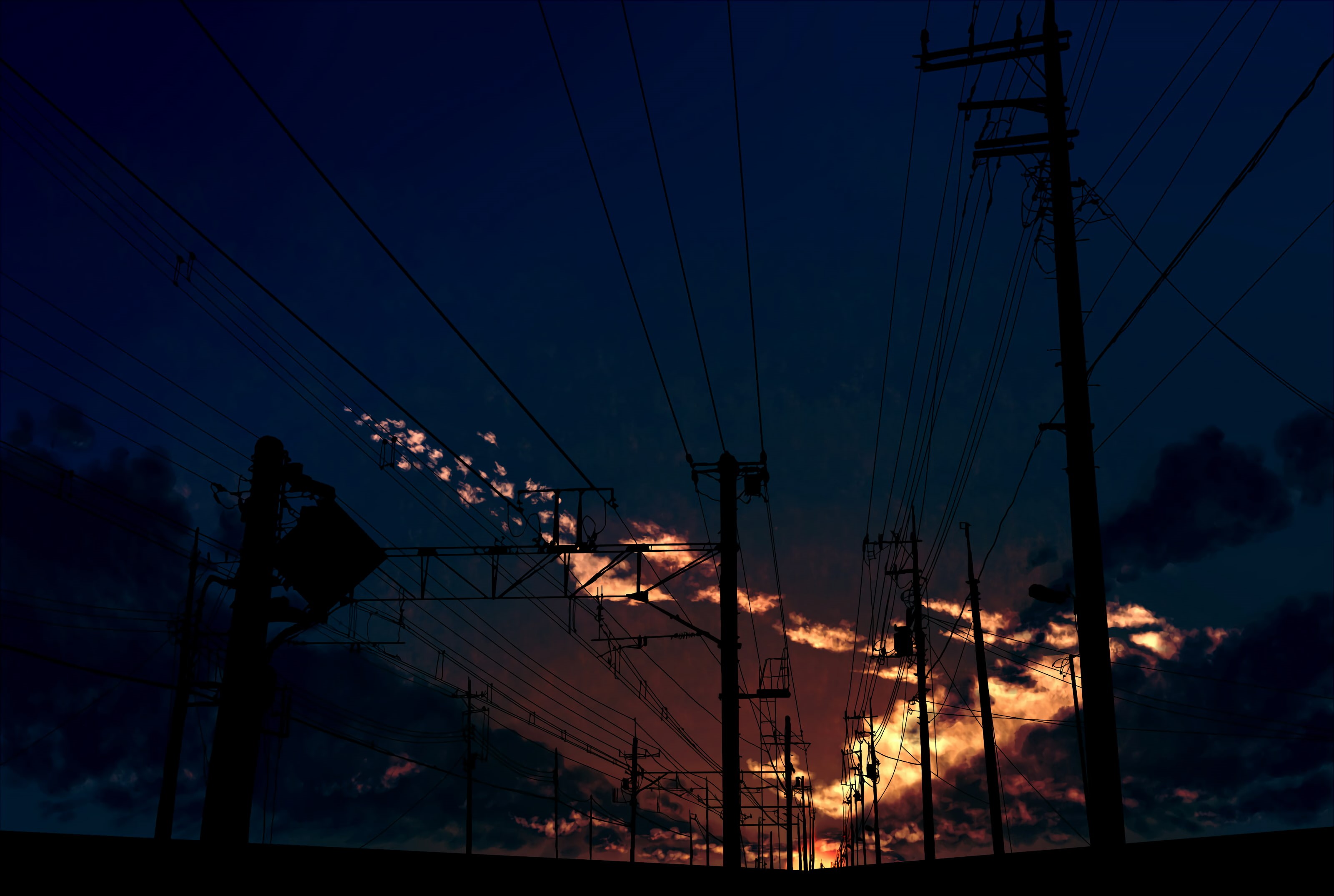 dark, natural light, landscape, 2K, utility pole, shadow, dusk, railroad track, anime, night, clouds, blue, HD Wallpaper