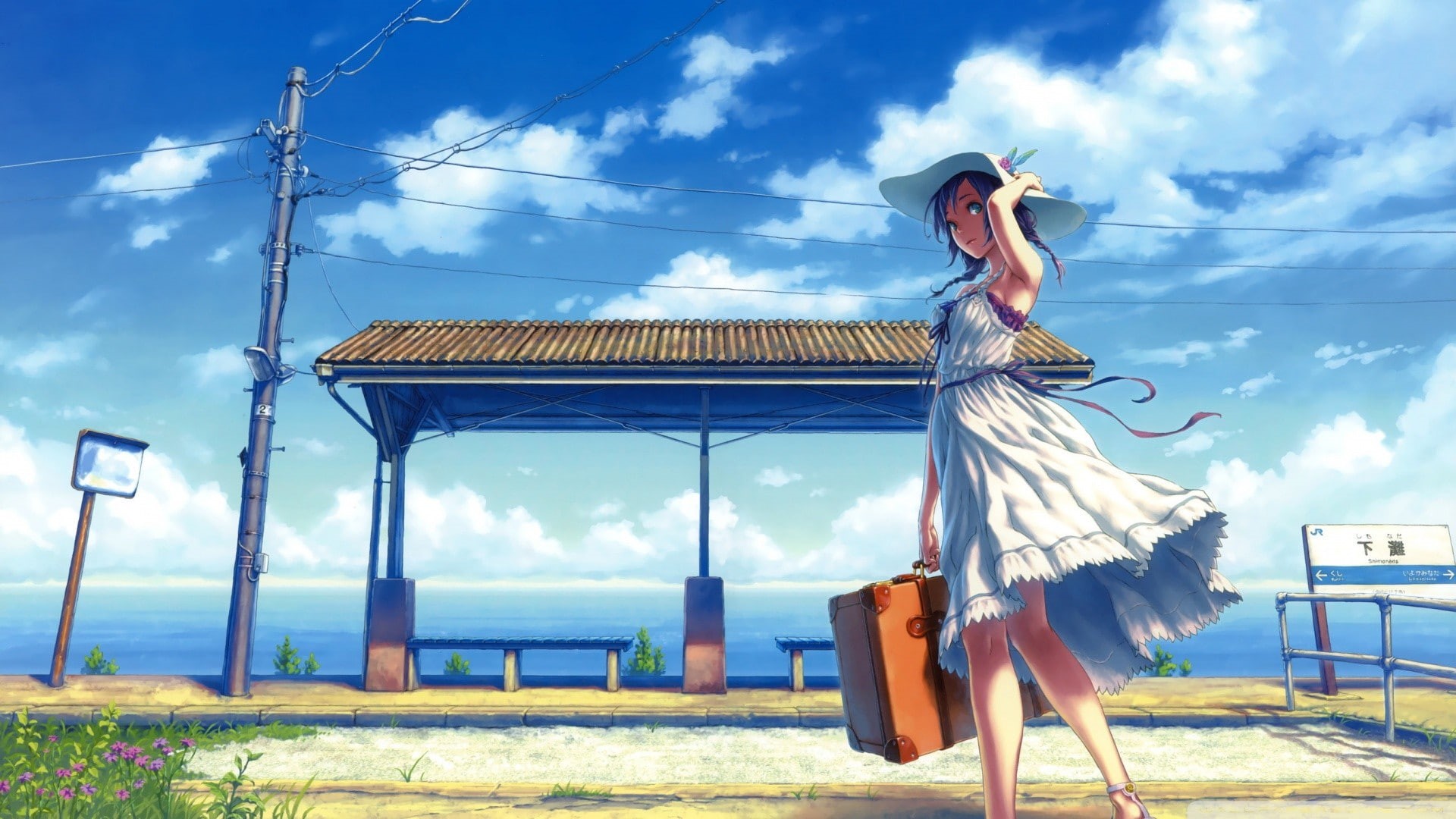 suitcase, windy, anime, dress, utility pole, sea, 1080P, original characters, anime girls, sky, HD Wallpaper