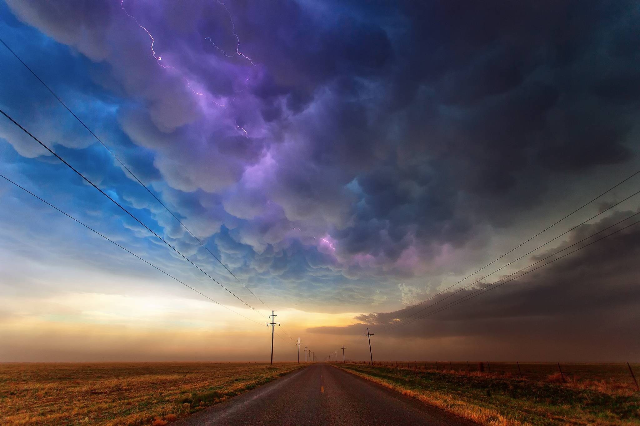 lightning, utility pole, 1080P, road, power lines, sky, clouds, HD Wallpaper