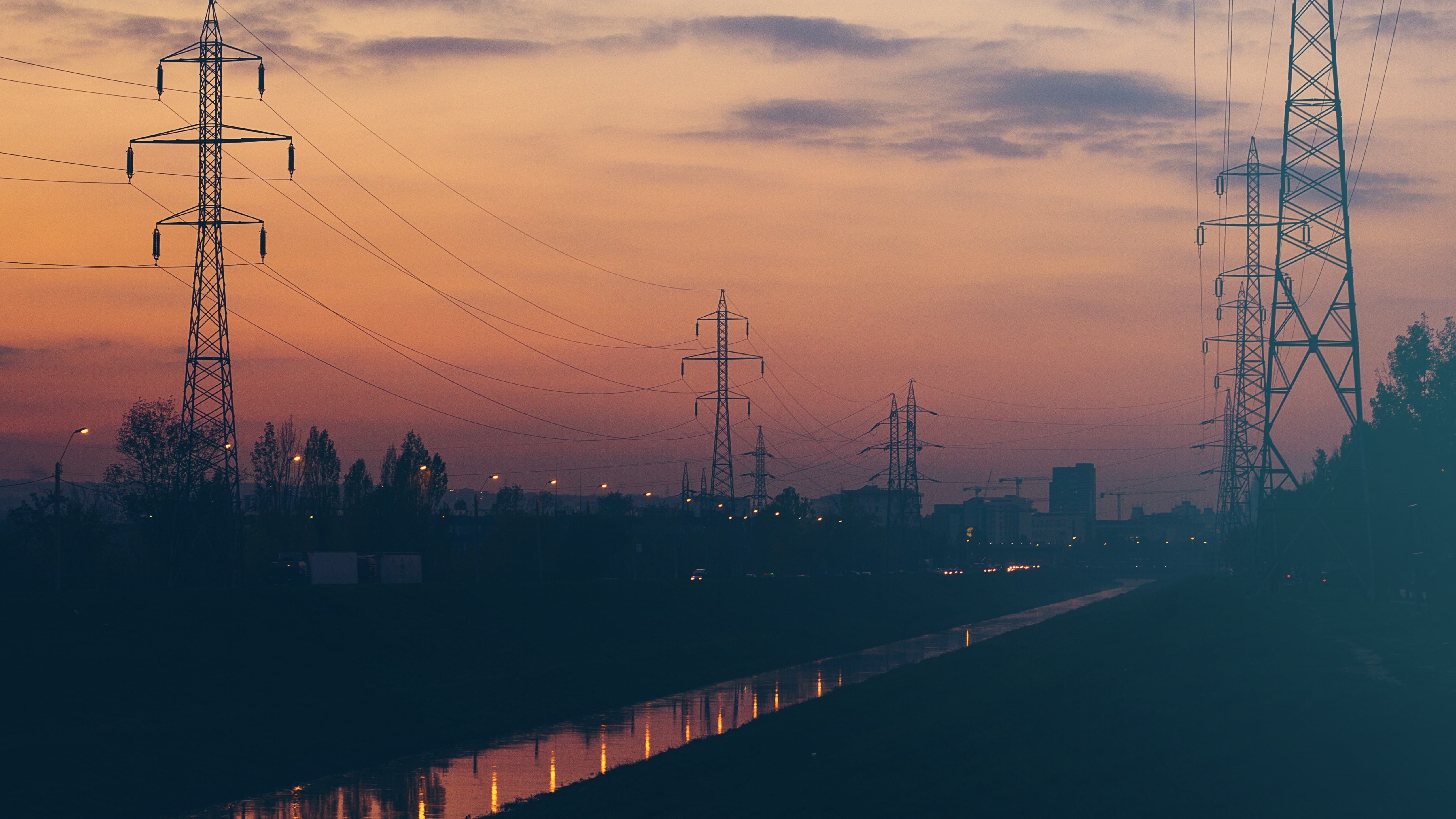 sunset, traffic, canal, 4K, dark, sky, landscape, power lines, HD Wallpaper