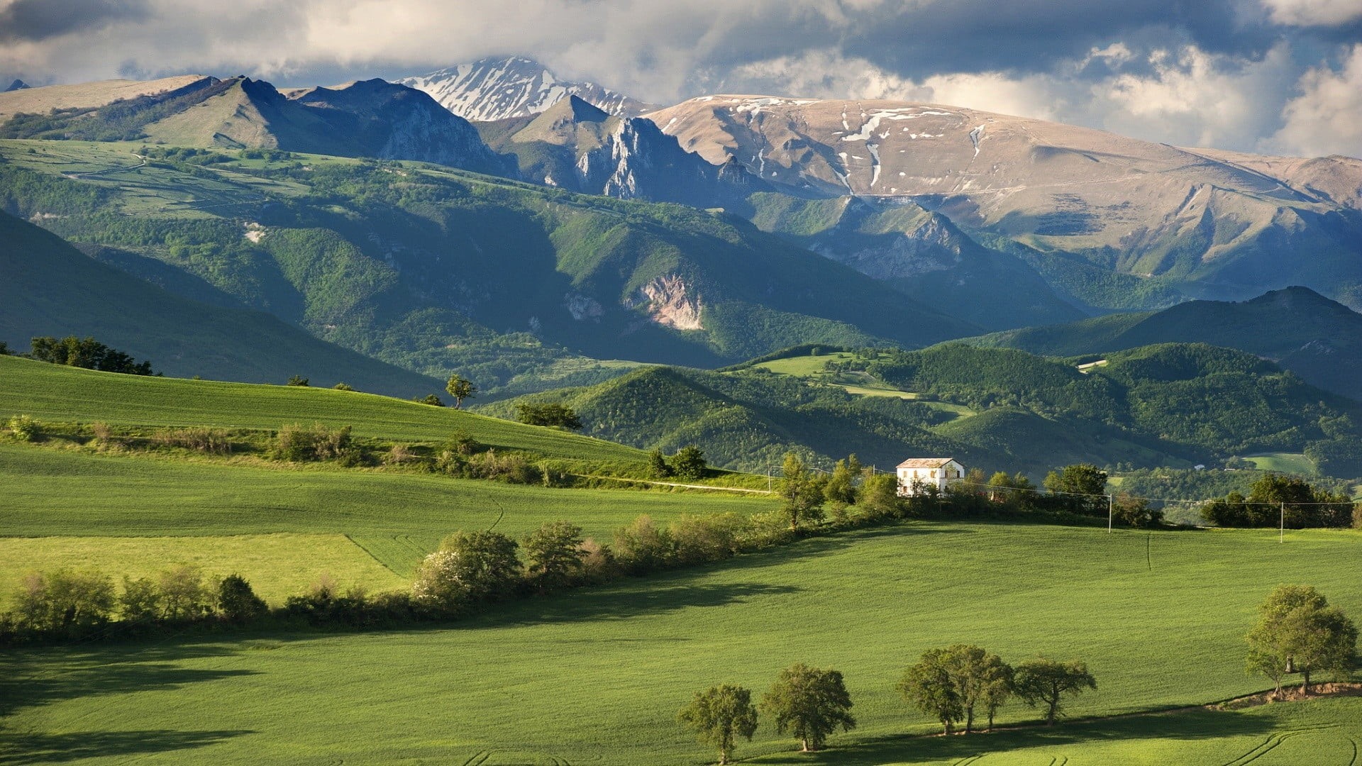 plant, outdoors, mountain range, plain, 1080P, nature, mountain peak, sky, grass, mountains, cloud - sky, tranquil scene, green color, landscape, no people, HD Wallpaper