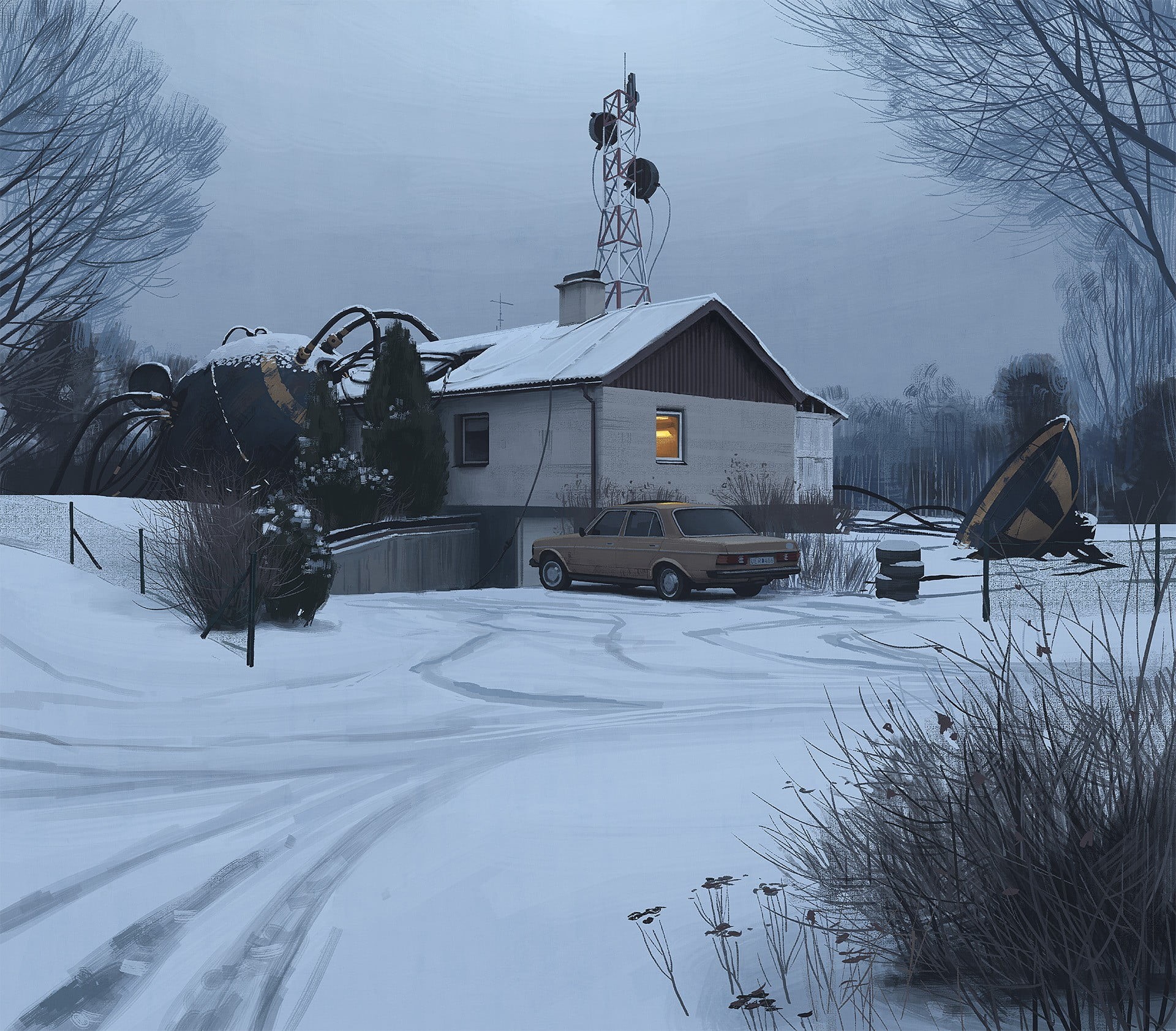 snow, bare tree, cold temperature, building exterior, white color, Simon Stålenhag, day, covering, mode of transportation, artwork, winter, transportation, HD Wallpaper