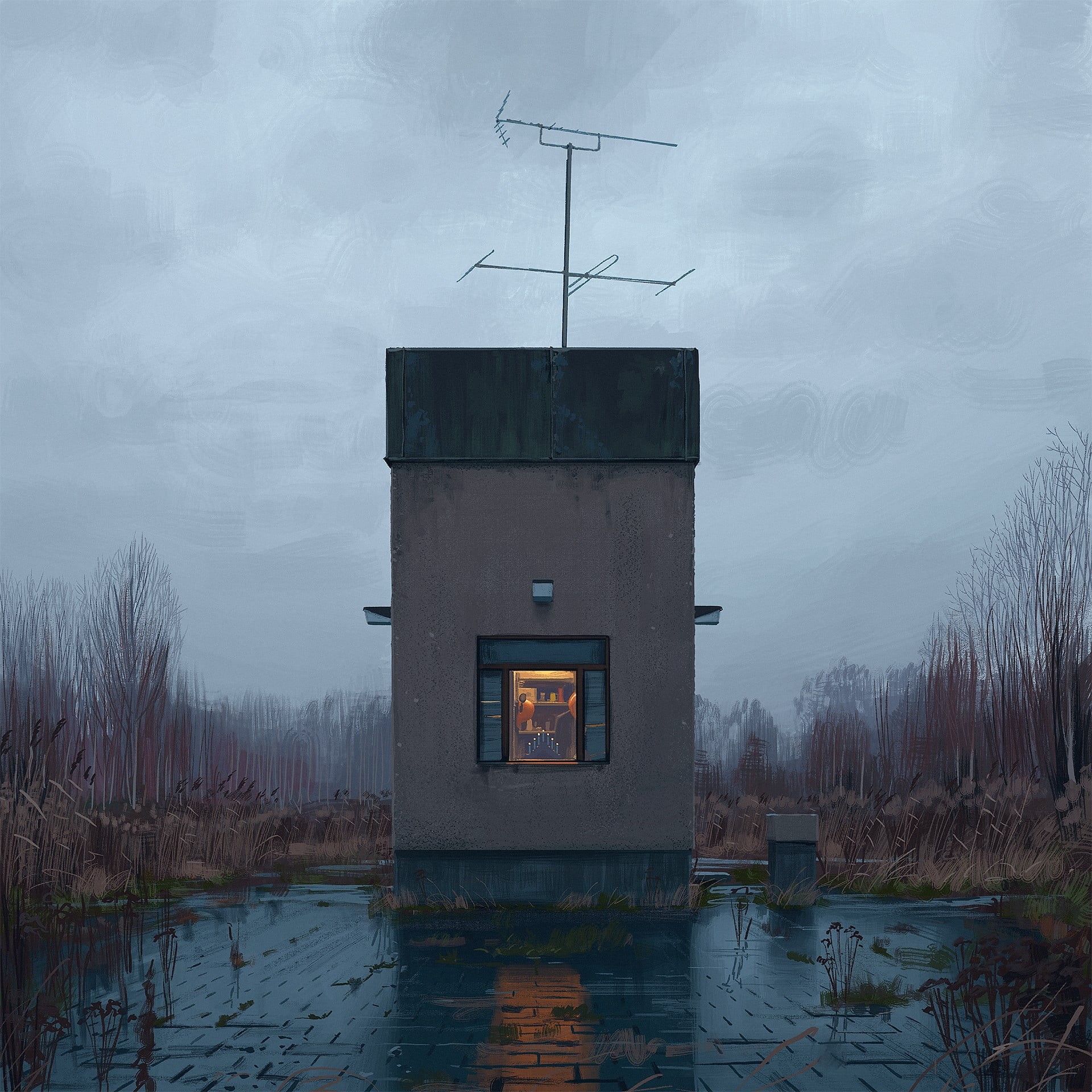 sky, waterfront, gray, cloud - sky, concrete, architecture, Simon Stålenhag, black, day, outdoors, nature, plant, reflection, lake, built structure, artwork, Phone HD Wallpaper