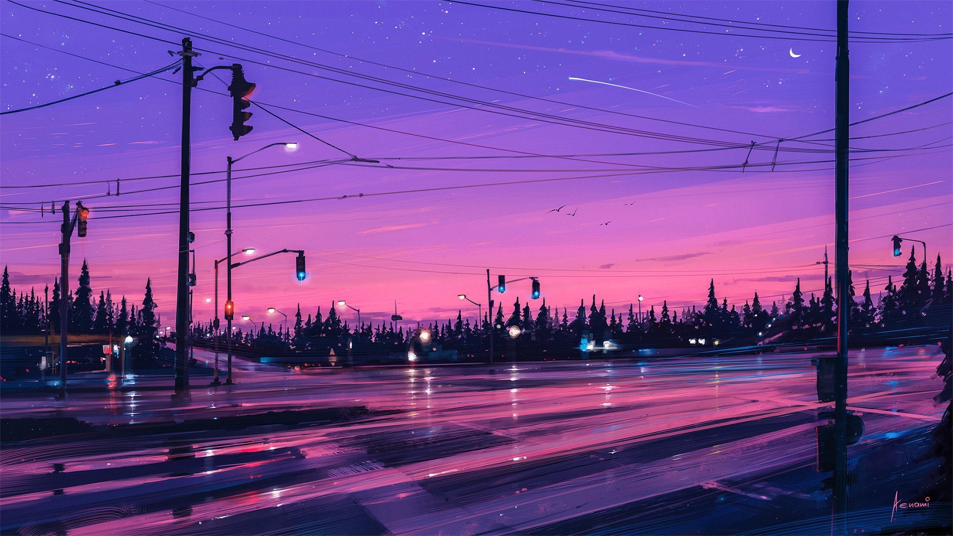 forest, Alena Aenam The, road, sky, artist, figure, Alyona Velichko, trees, crossroads, 1080P, art, traffic lights, moon, stars, the moon, the sky, purple, HD Wallpaper