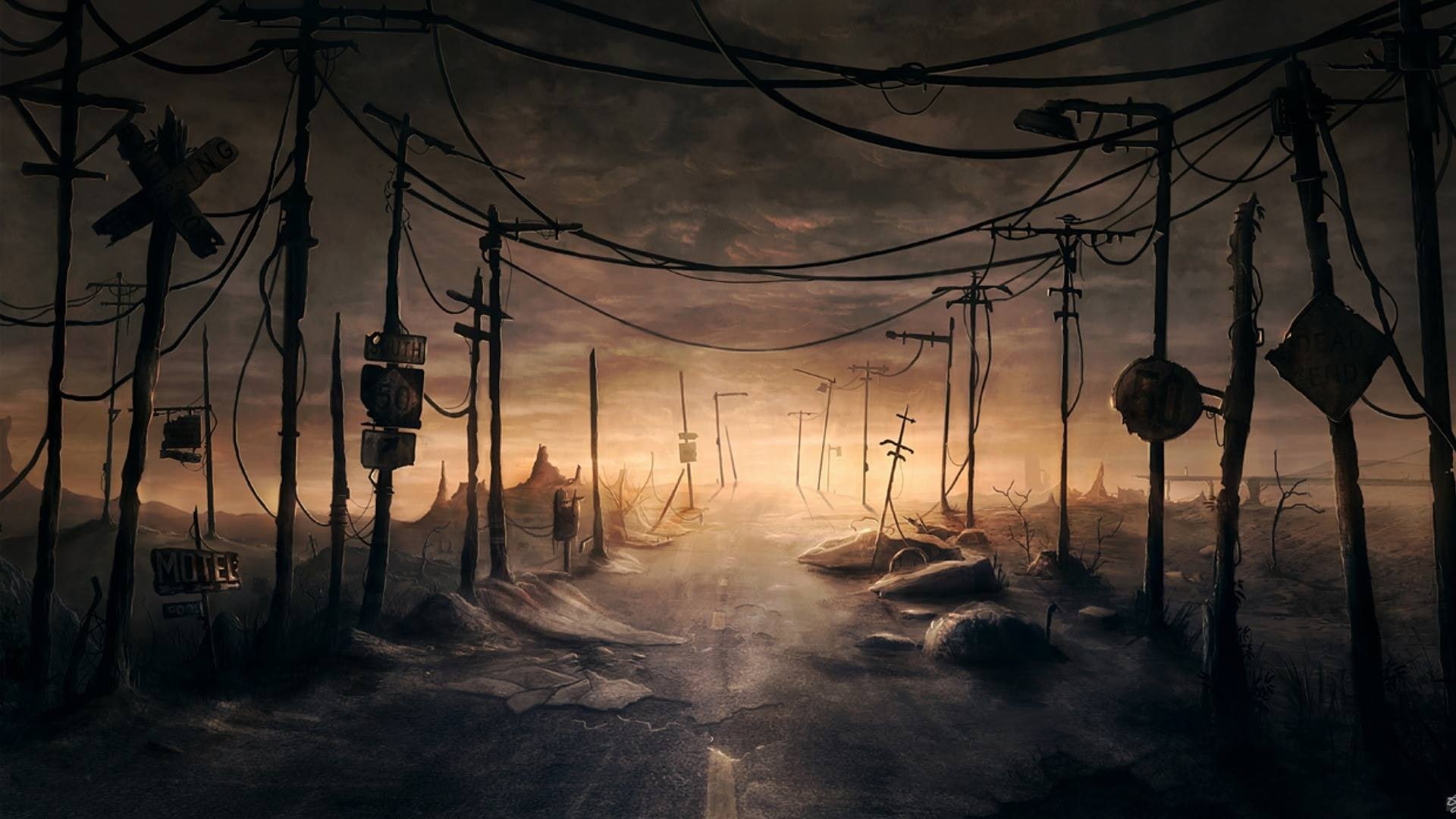 1080P, street, sunset, abandoned, Dark, signs, Power Lines, HD Wallpaper