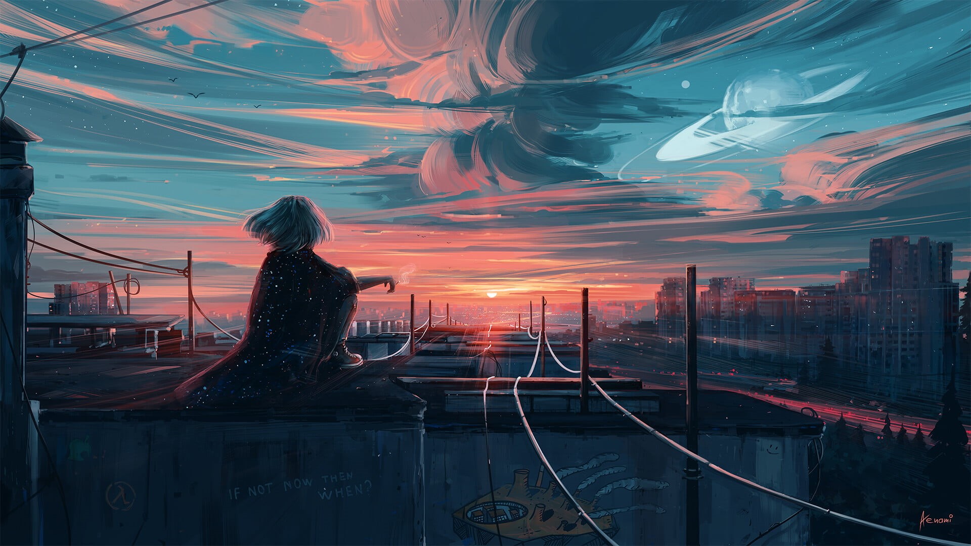 horizon, planet, sunset, sky, cityscape, city, Aenami, clouds, 1080P, power lines, artwork, digital art, sunlight, HD Wallpaper