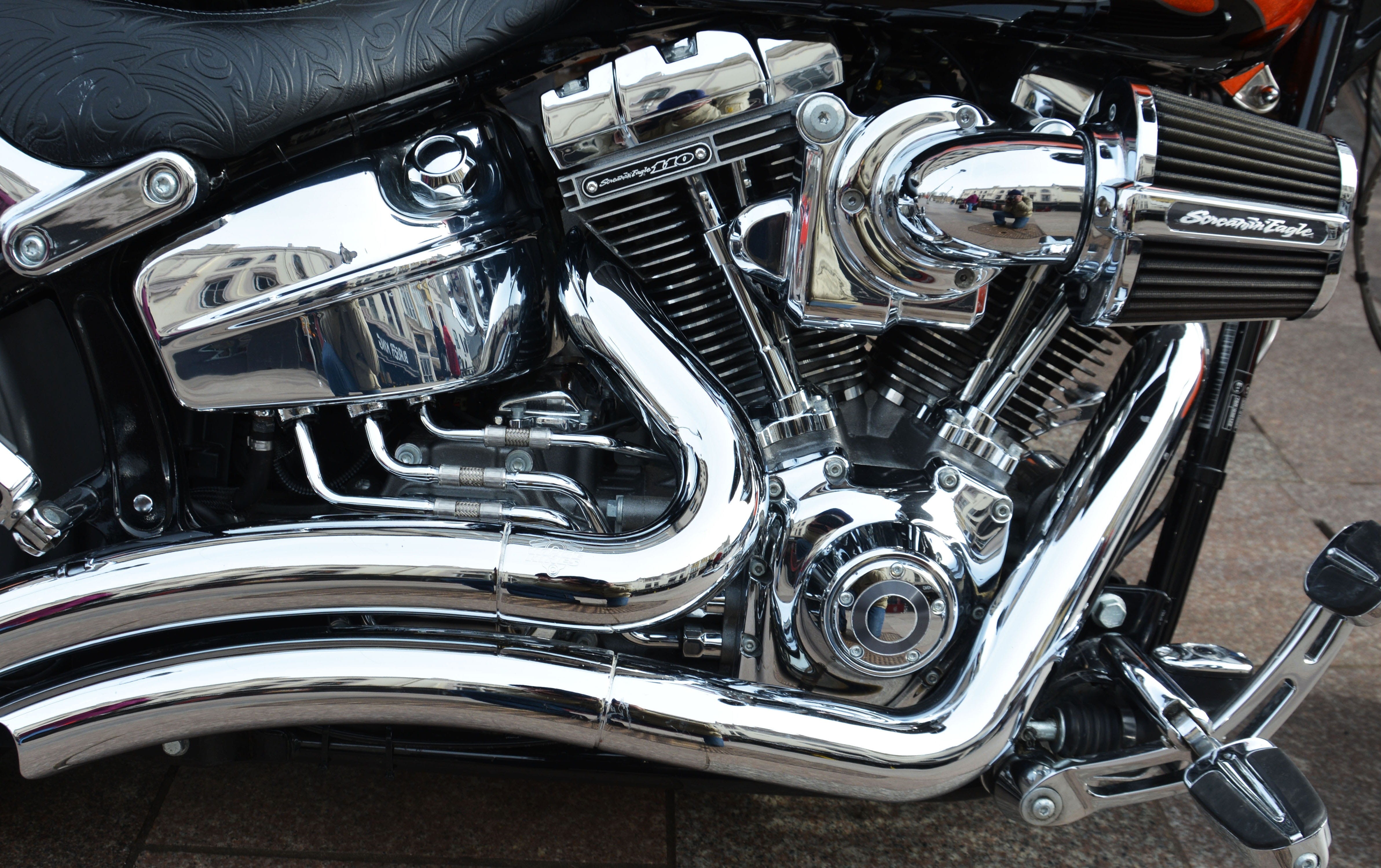 dom, machine, motorbike, vehicle part, riding, horsepower, 4K, travel, stationary, transport, silver colored, metal, shiny, custom, reflection, transportation, HD Wallpaper