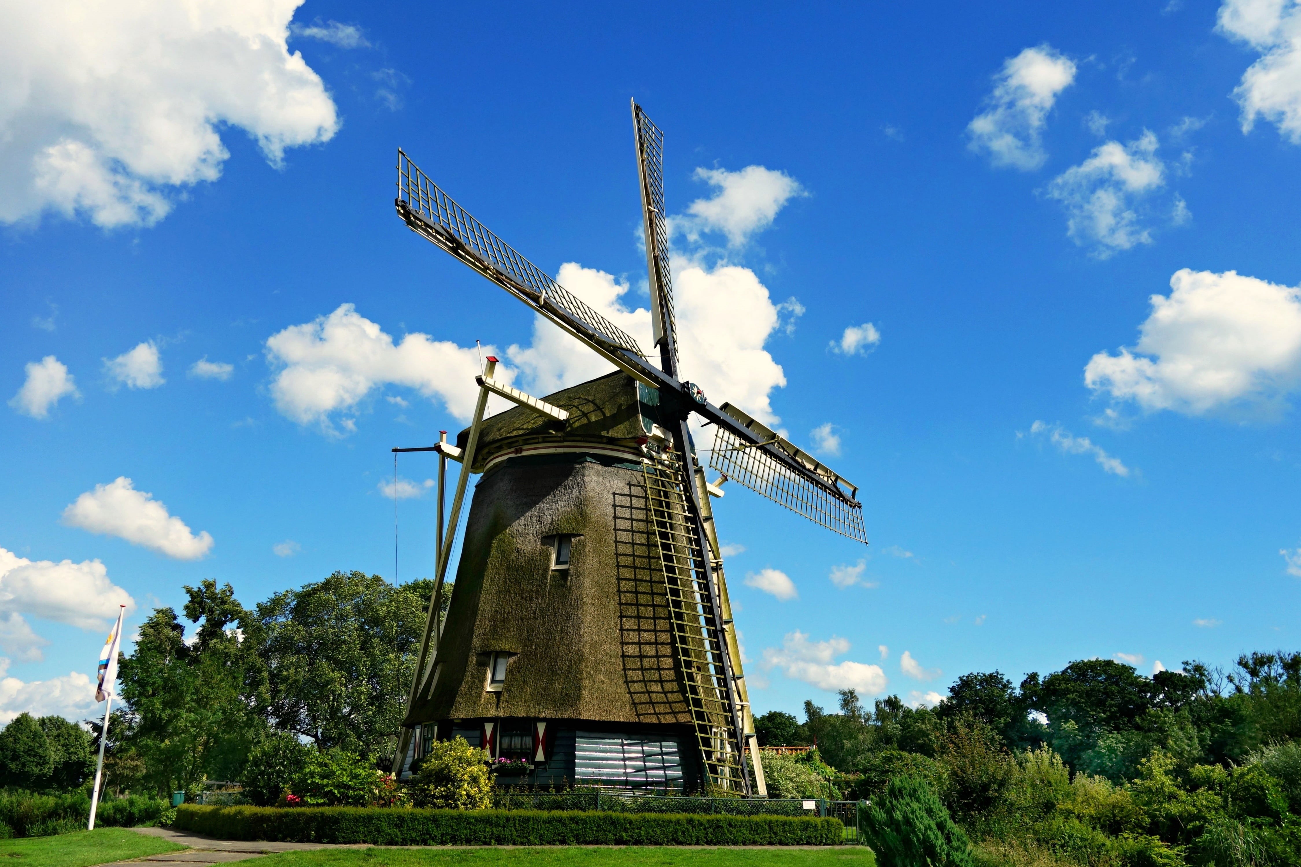 sky, netherlands, dutch windmill, no people, brown, traditional windmill, power in nature, landscape, fuel and power generation, windmill, cloud - sky, HD Wallpaper