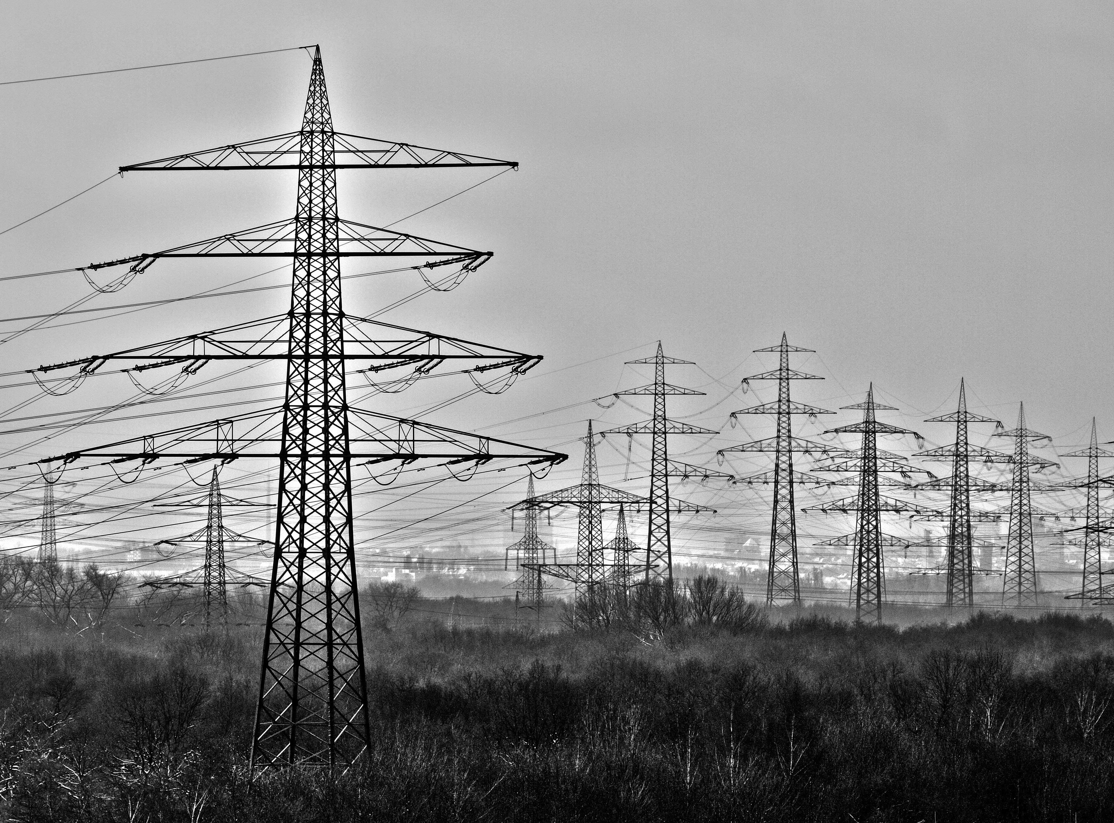 connection, outdoors, photo, 2K, tall - high, sky, steel, high voltage, pylon, power lines, electricity Pylon, nature, technology, cable, fuel and Power Generation, HD Wallpaper