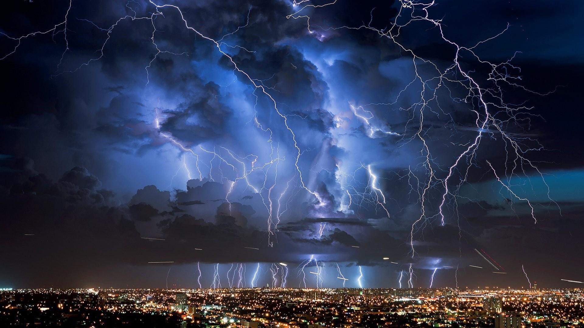 scenario, clouds, blue, lightning, city, night, nature, 1080P, storm, disaster, HD Wallpaper