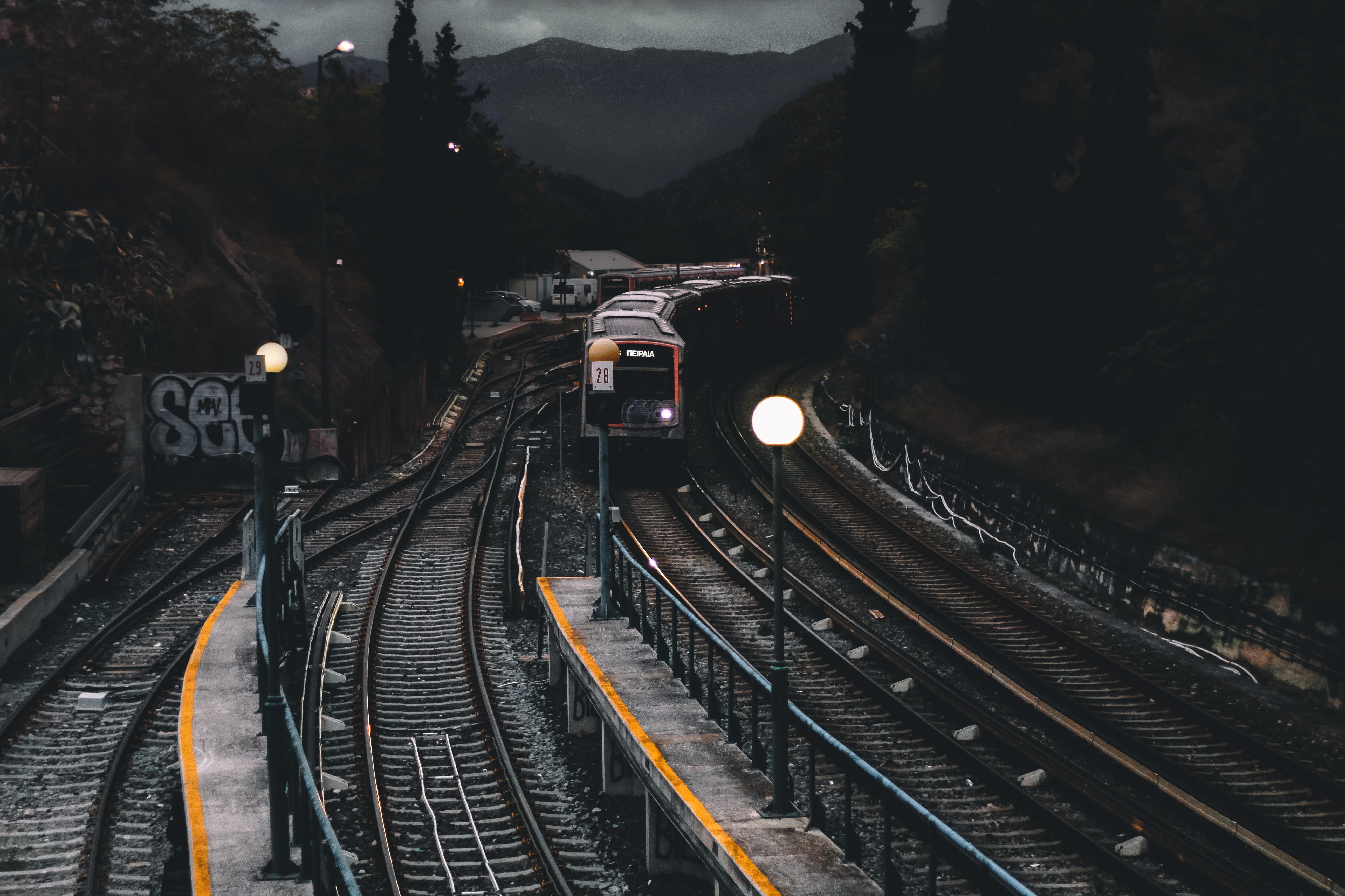 railroad station, clouds, railway station, land vehicle, train - vehicle, public transportation, forest, shunting yard, mountain, train tracks, railways, HD Wallpaper