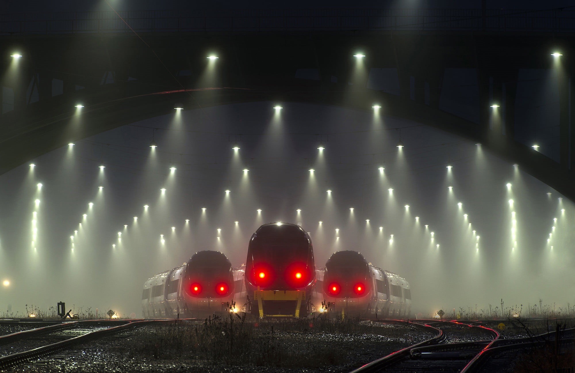 built structure, motion, no people, railroad track, street, lighting equipment, transport, 1080P, rail transportation, light, railway, illuminated, road, HD Wallpaper