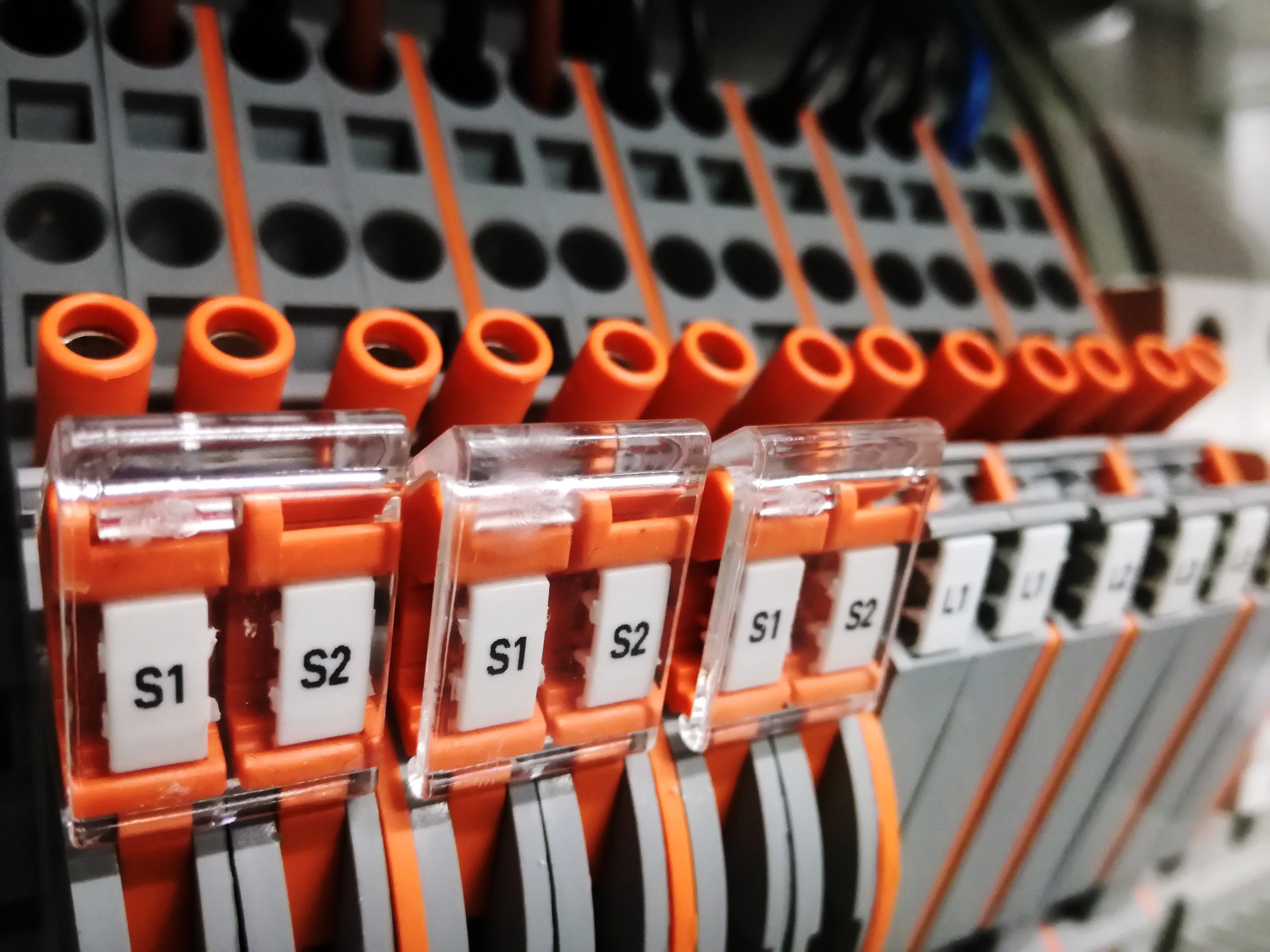 control cabinet, indoors, large group of objects, no people, white, communication, power line, technology, Current, switch, Cable, orange color, profession, HD Wallpaper
