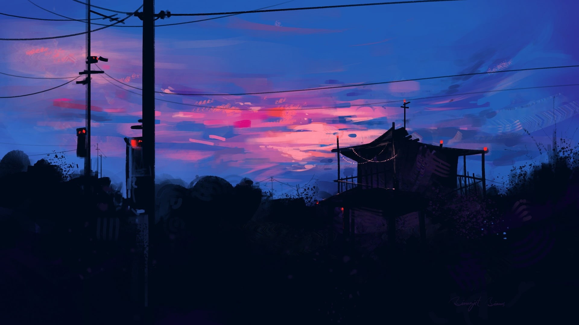 power lines, traffic lights, dawn, 1080P, shack, BisBiswas, artwork, HD Wallpaper