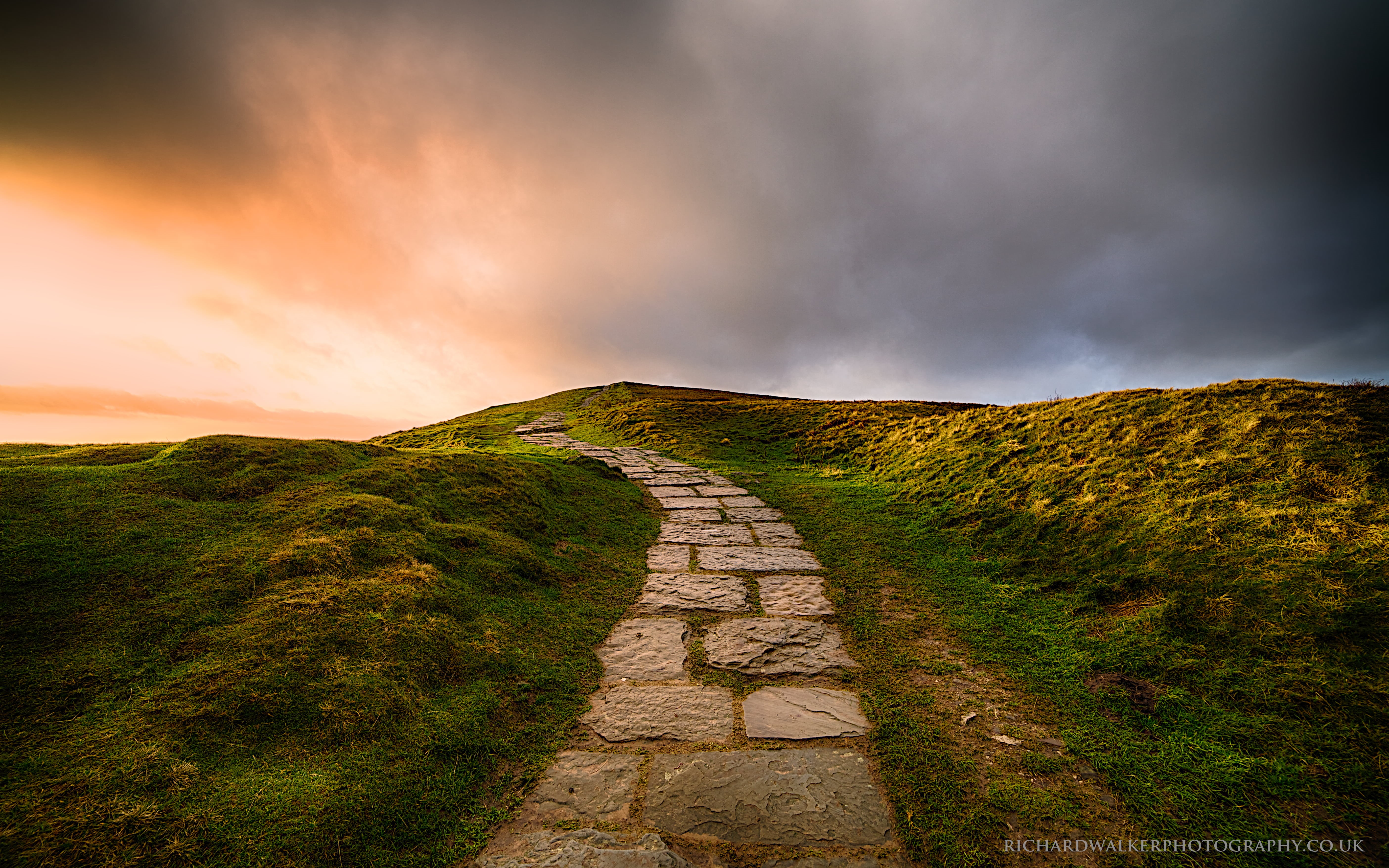 path, road, desired, uk, clouds, grass, landscape, 5K, sky, nature, golden, Stairway To Heaven, mam tor, stone, hdr, grasses, peak district, golden hour, HD Wallpaper