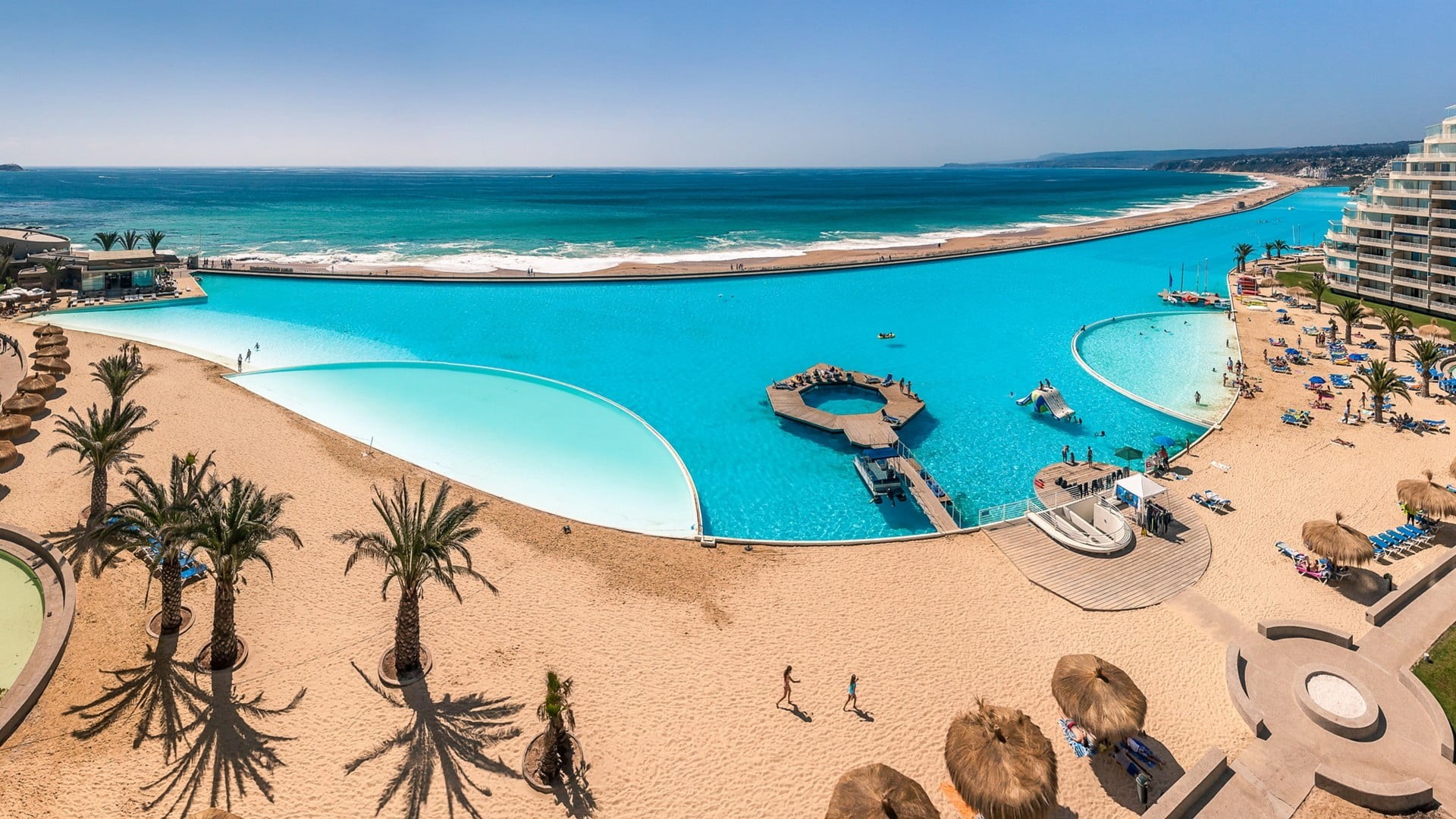 swimming, 1080P, travel destinations, tropical climate, swimming pool, nature, architecture, palm trees, sky, sea, blue, water, ground, outdoors, pool, HD Wallpaper