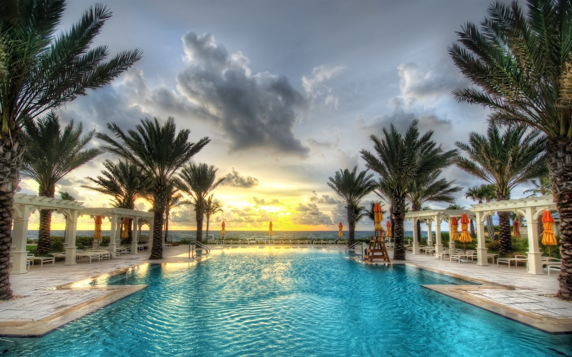 Resort, Sunset, Sea, Palm, Trees, 1080P, Pool, Clouds, Swimming, HD Wallpaper