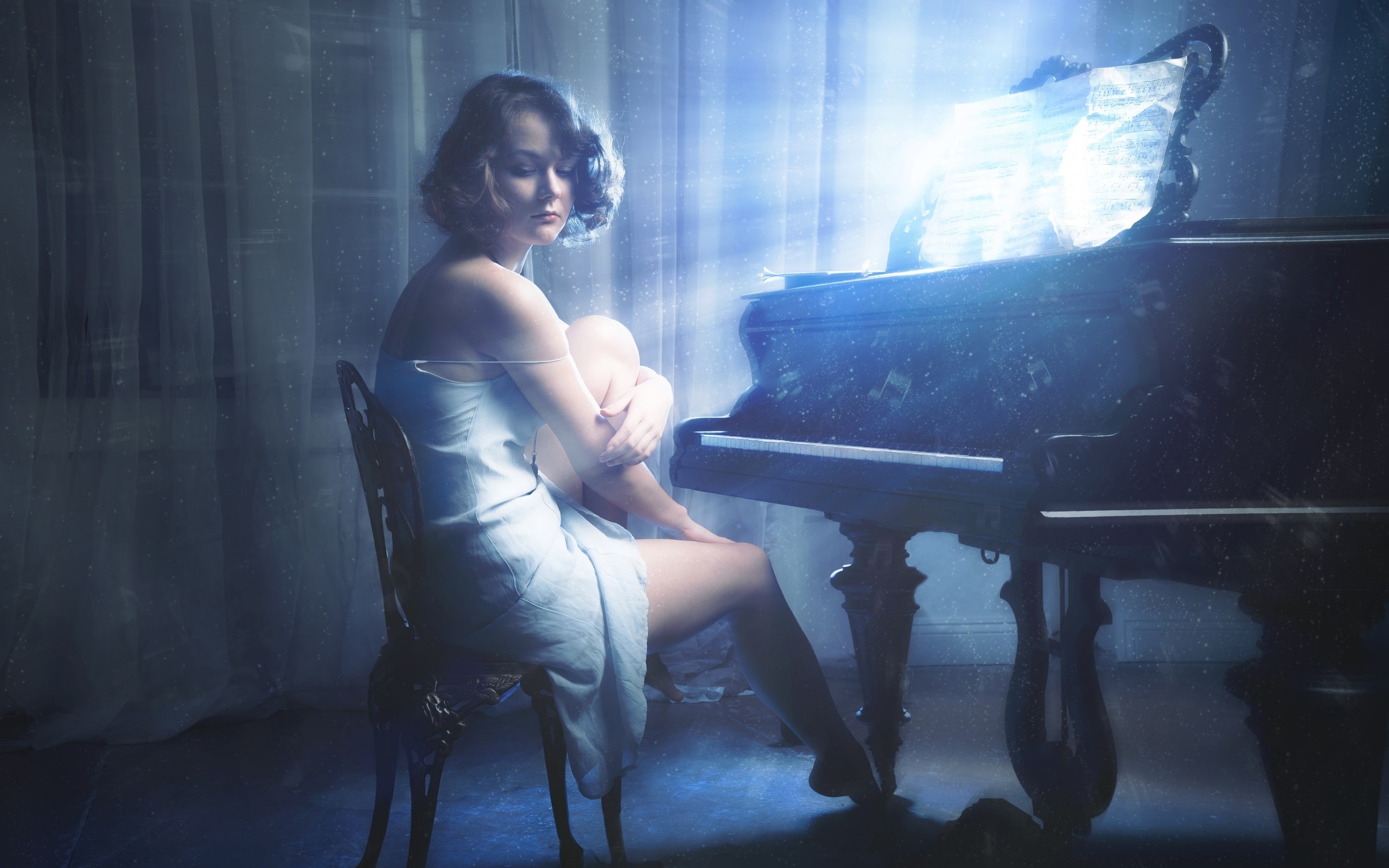 Girl, Notes, Music, 2K, Glow, Piano, HD Wallpaper