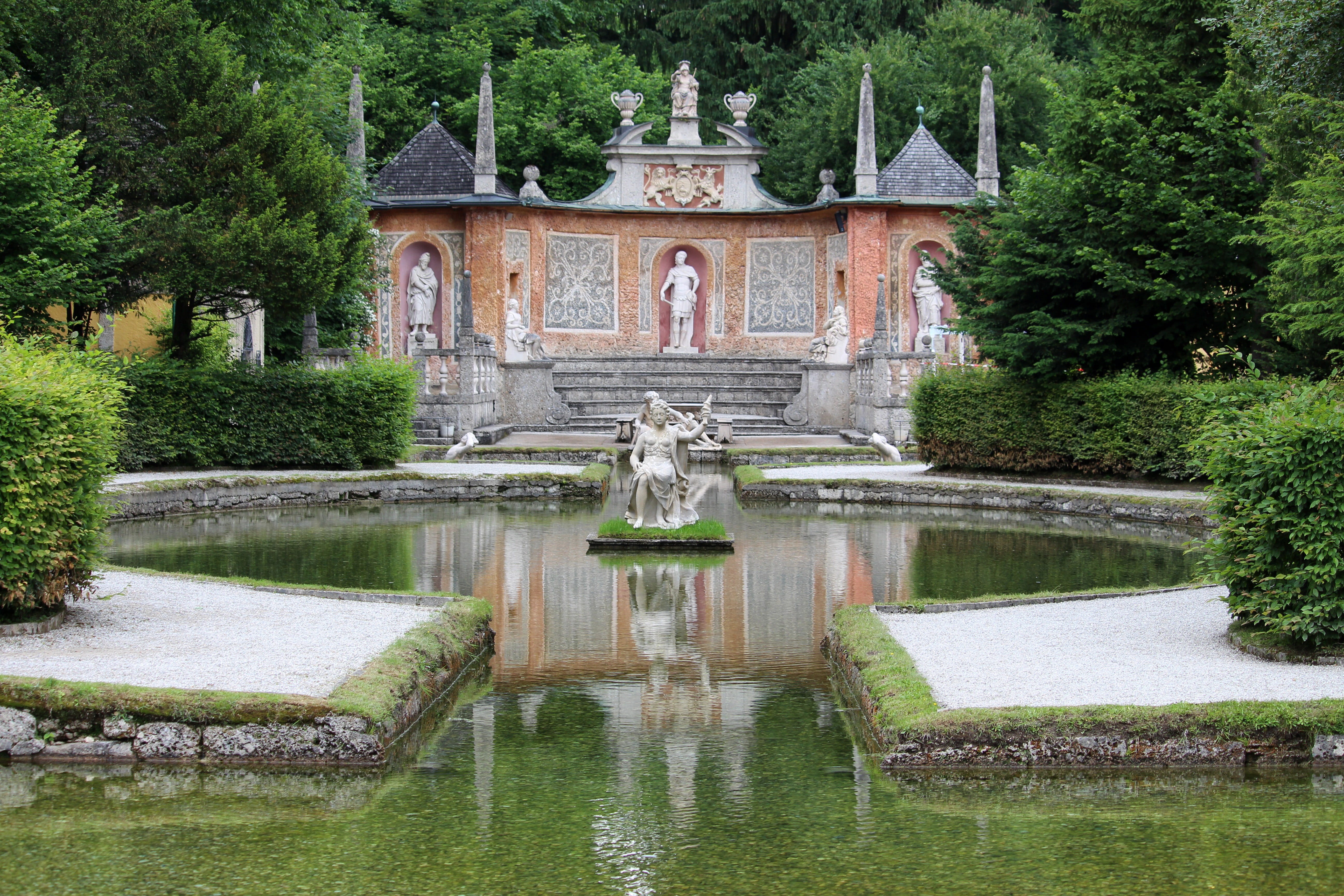 Austria, river, built structure, history, water, pond, building exterior, lake, public domain, day, green Color, castle, Castle garden, garden, outdoors, HD Wallpaper
