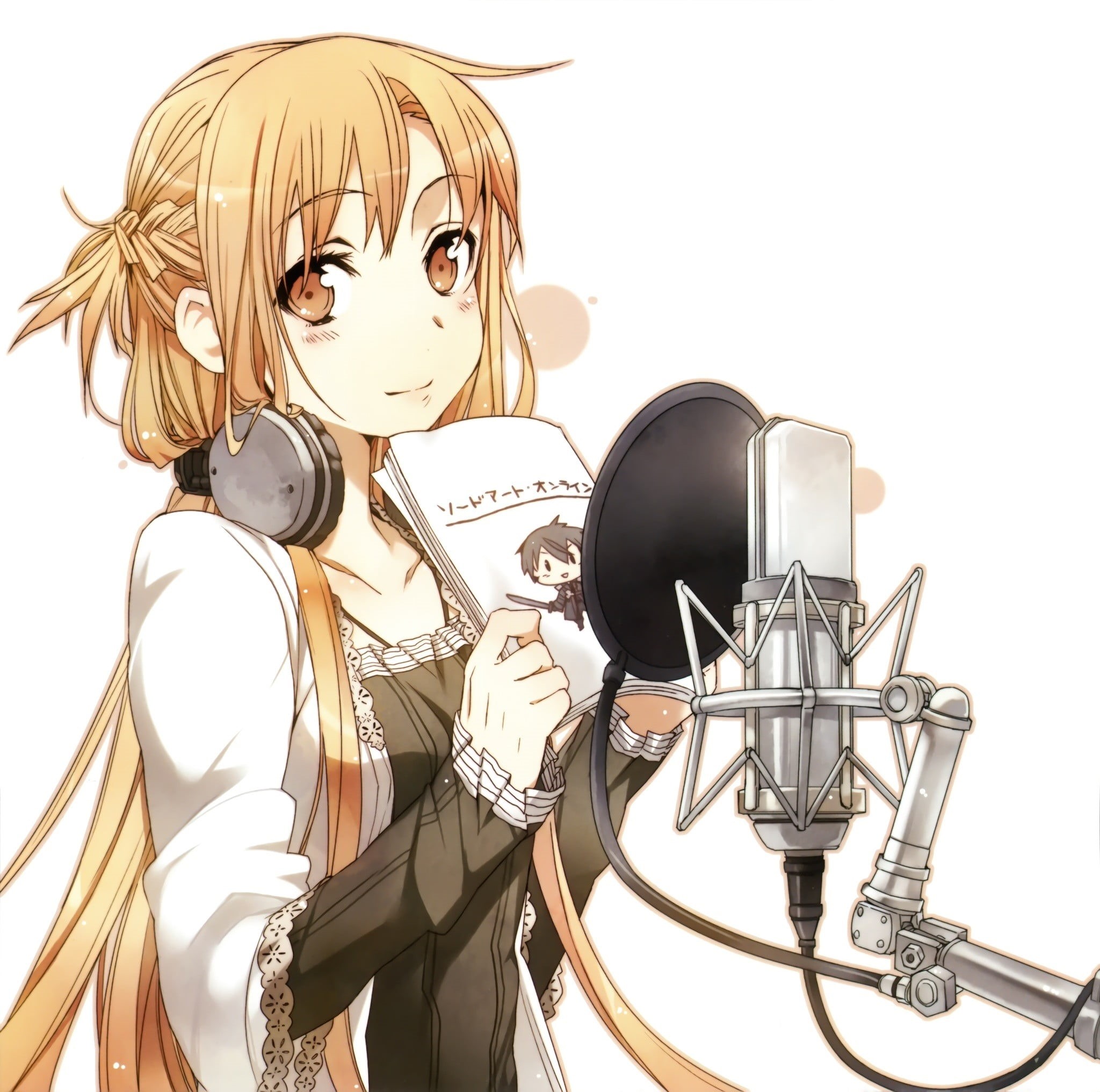 indoors, white background, no people, communication, musical instrument, representation, studio shot, Sword Art Online, musical equipment, Yuuki Asuna, HD Wallpaper