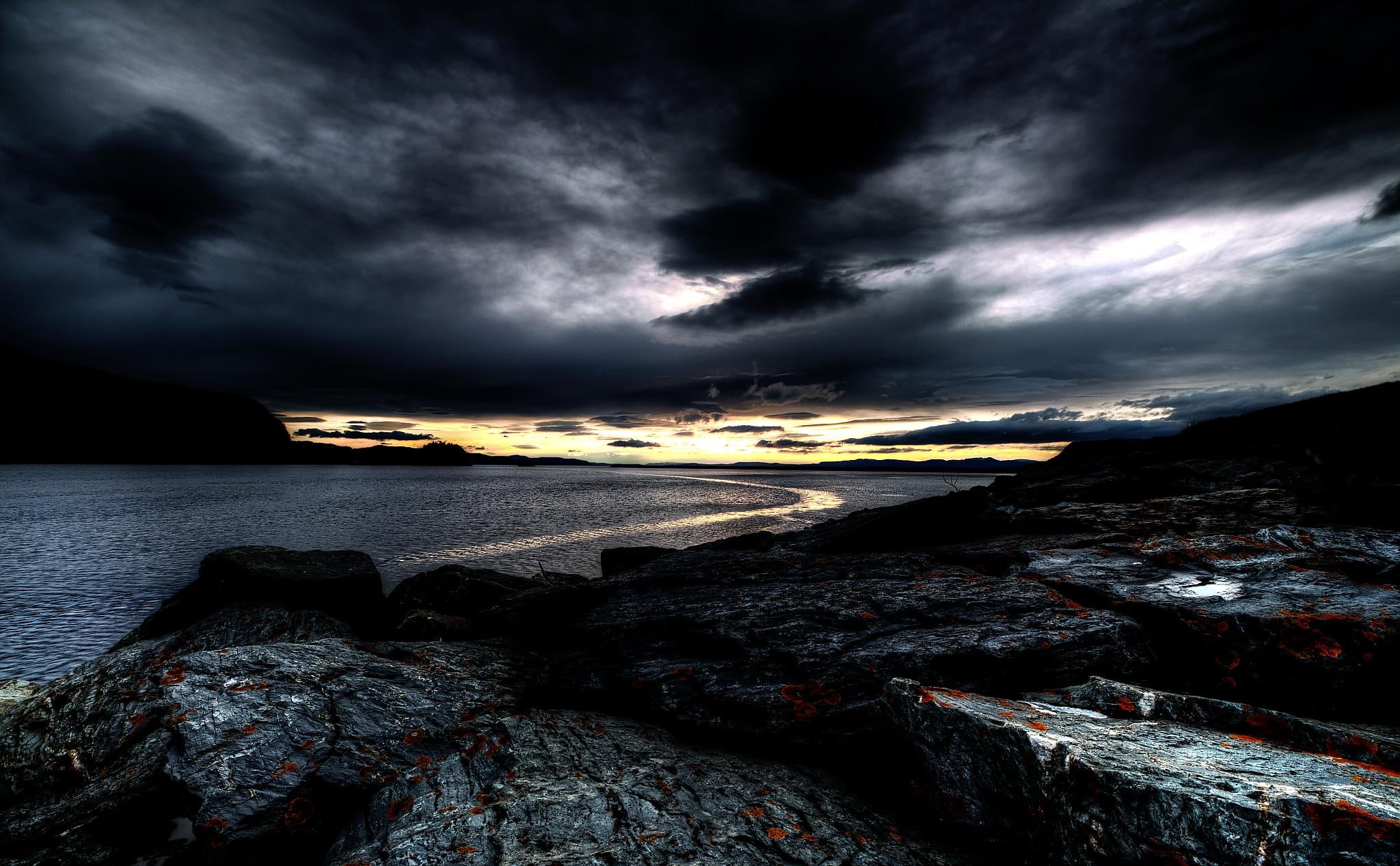 Sunset, rock - Object, HDR, North  Northern, sky  Landscape, photography, Clouds, Exposure, Photomatix, Ocean, Seascape, Skies, Heaven, Nord-Trøndelag, HD Wallpaper