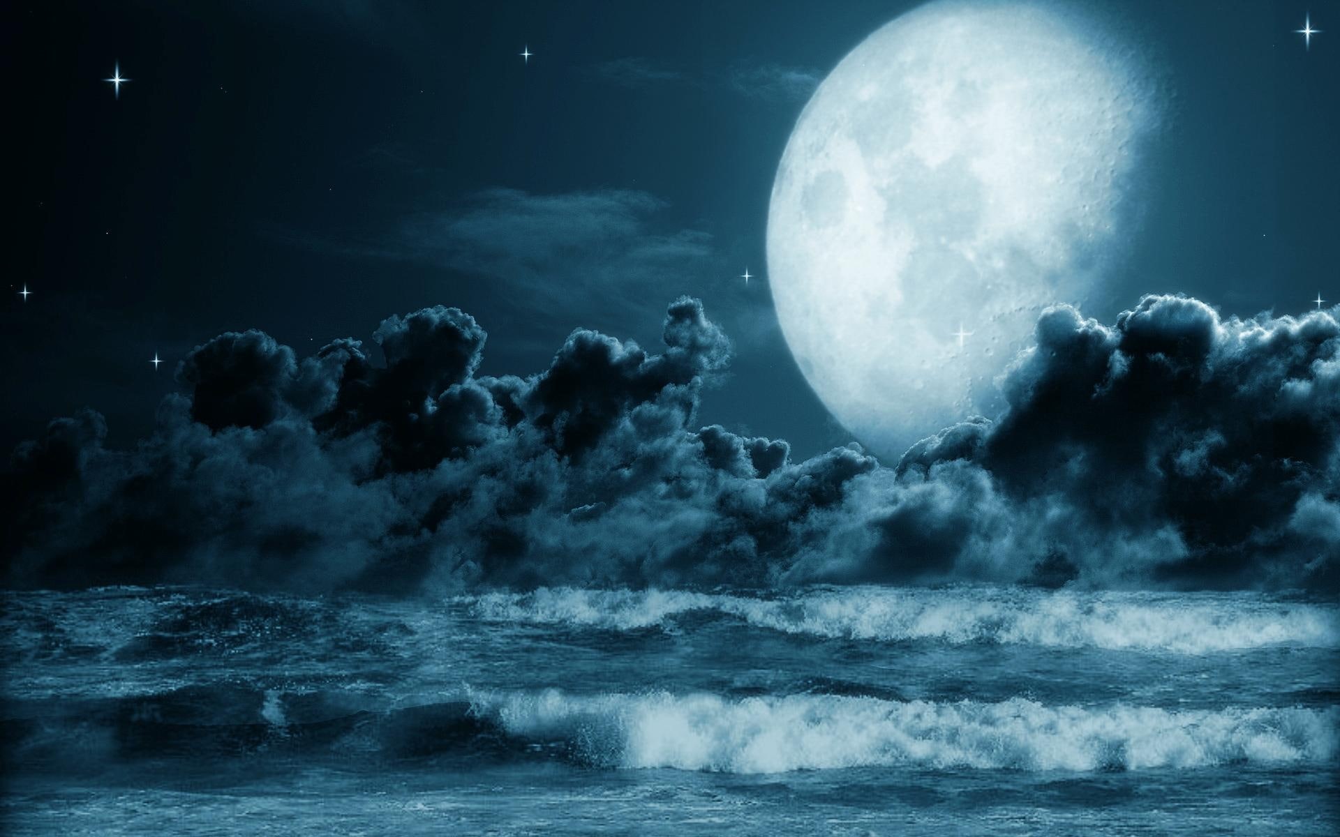 oceanic, fantastic, waves, 1080P, skyphoenixx1, moon, gorgeous, ocean, pretty, amazing, night, beautiful, planet, nice, full, clouds, HD Wallpaper