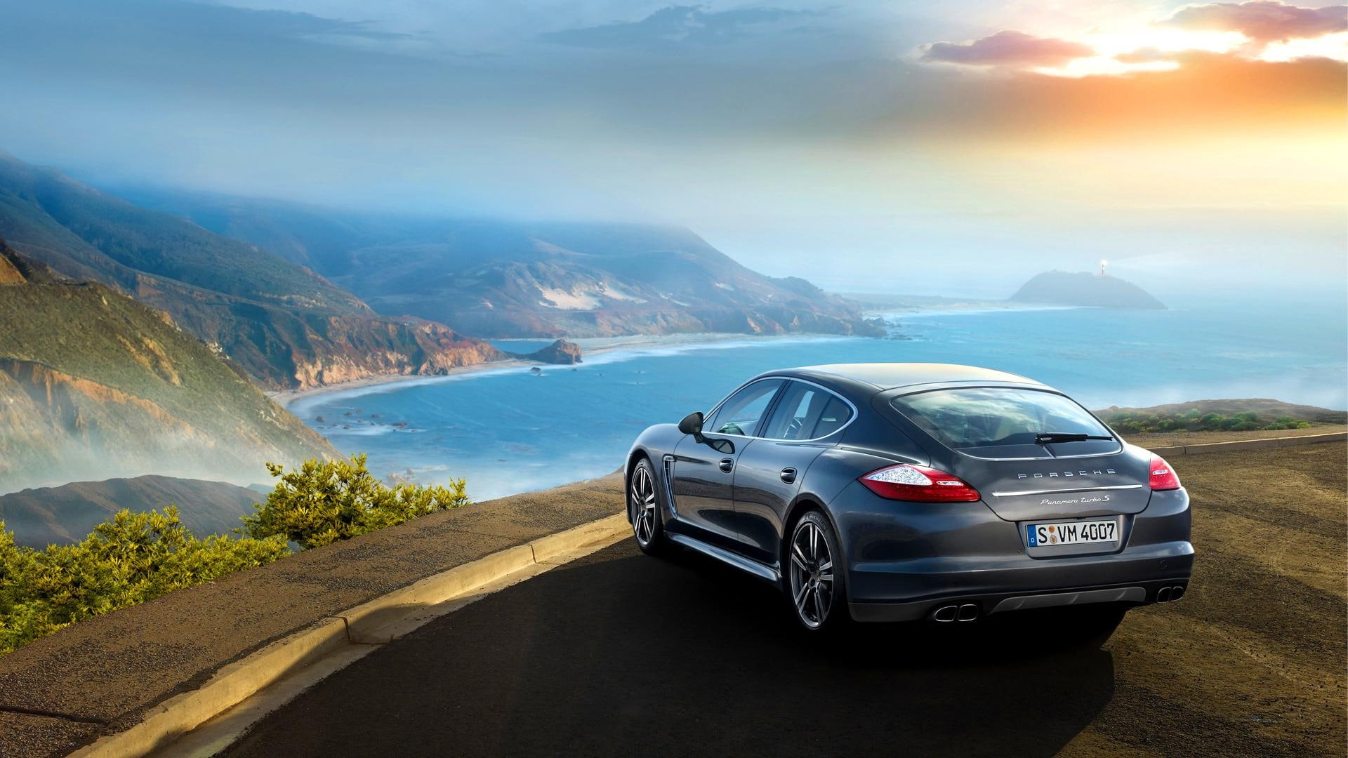 porsche, vehicle, turbo, beautiful, 1080P, skyphoenixx1, panamera, s, view, picture, amazing, nice, road, ocean, fantastic, gray, car, HD Wallpaper