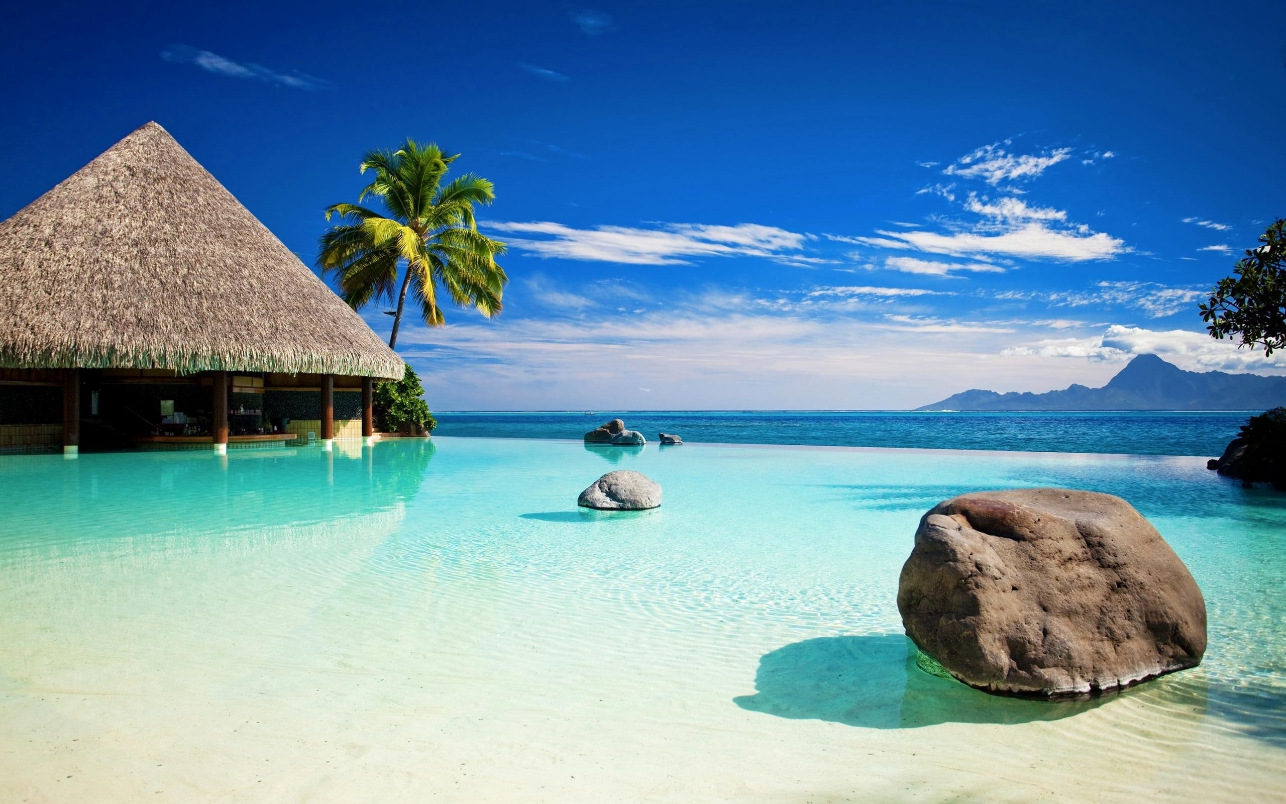 paradise, rocks, stones, picture, pretty, house, fantastic, wallpa, water, palms, nice, 2K, holidays, welcome, skyphoenixx1, HD Wallpaper