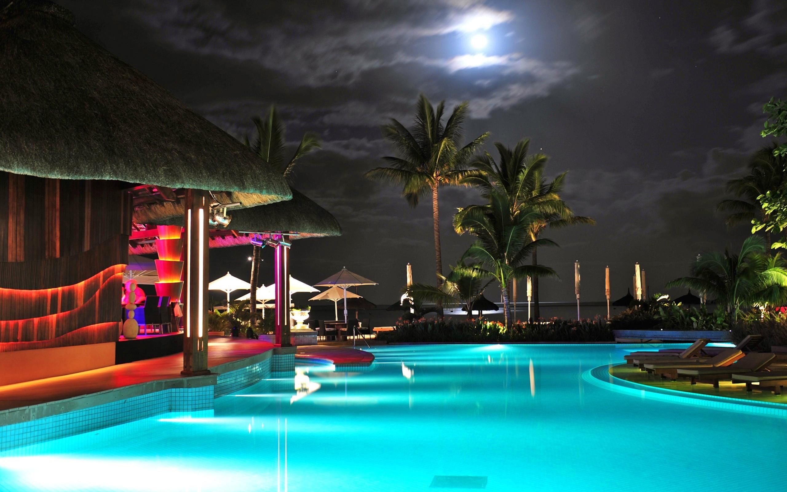 architecture, water, swimming pool, swimming, picture, coconut, green, fantastic, cabin, night, palms, skyphoenixx1, rees, nice, pool, 2K, beautiful, HD Wallpaper