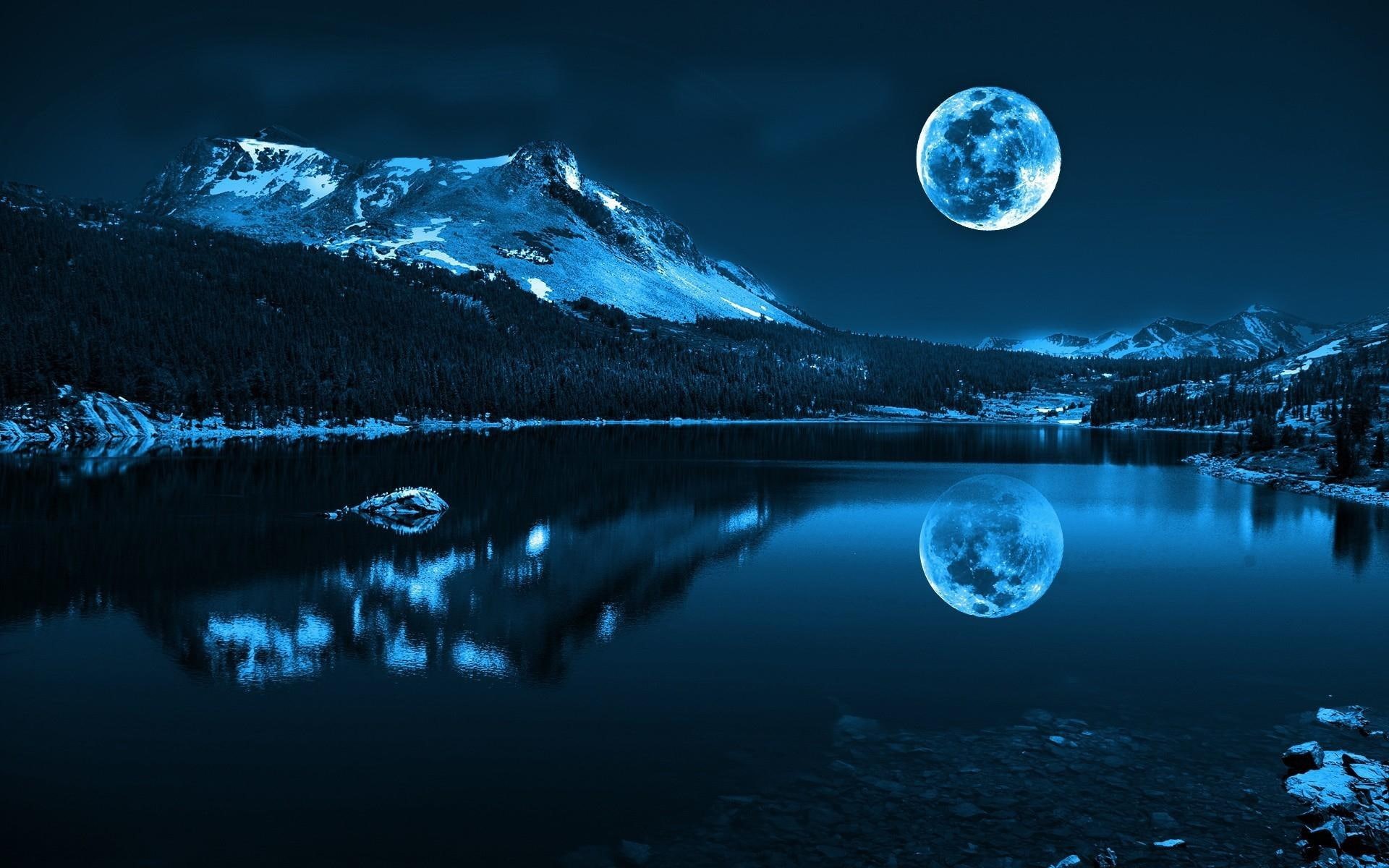 snow, amazing, moon, 1080P, rocks, trees, lake, beaut, nice, blue, pretty, beautiful, dreaming, enchanting, water, HD Wallpaper