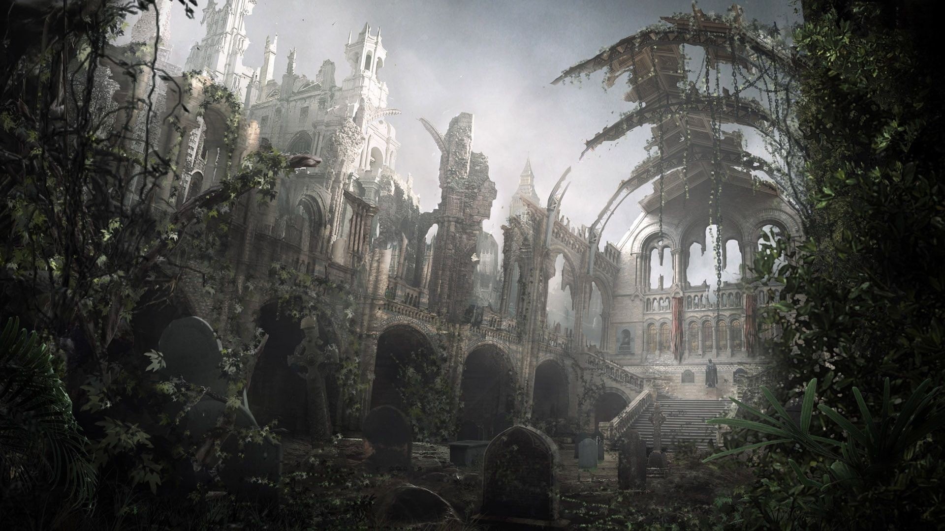 digital art, fantasy art, cemetery, 1080P, ruin, nature, church, HD Wallpaper