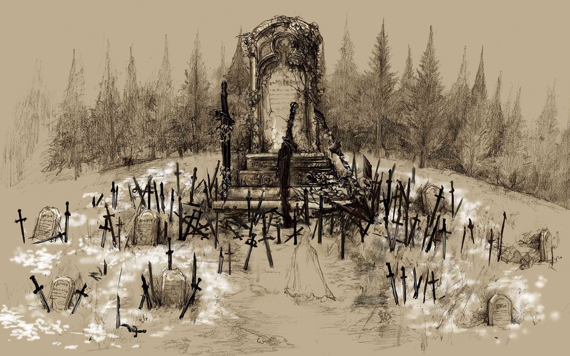 drawing, souls, cemetery, tombstone, hd, sword, 1080P, dark, video games, HD Wallpaper