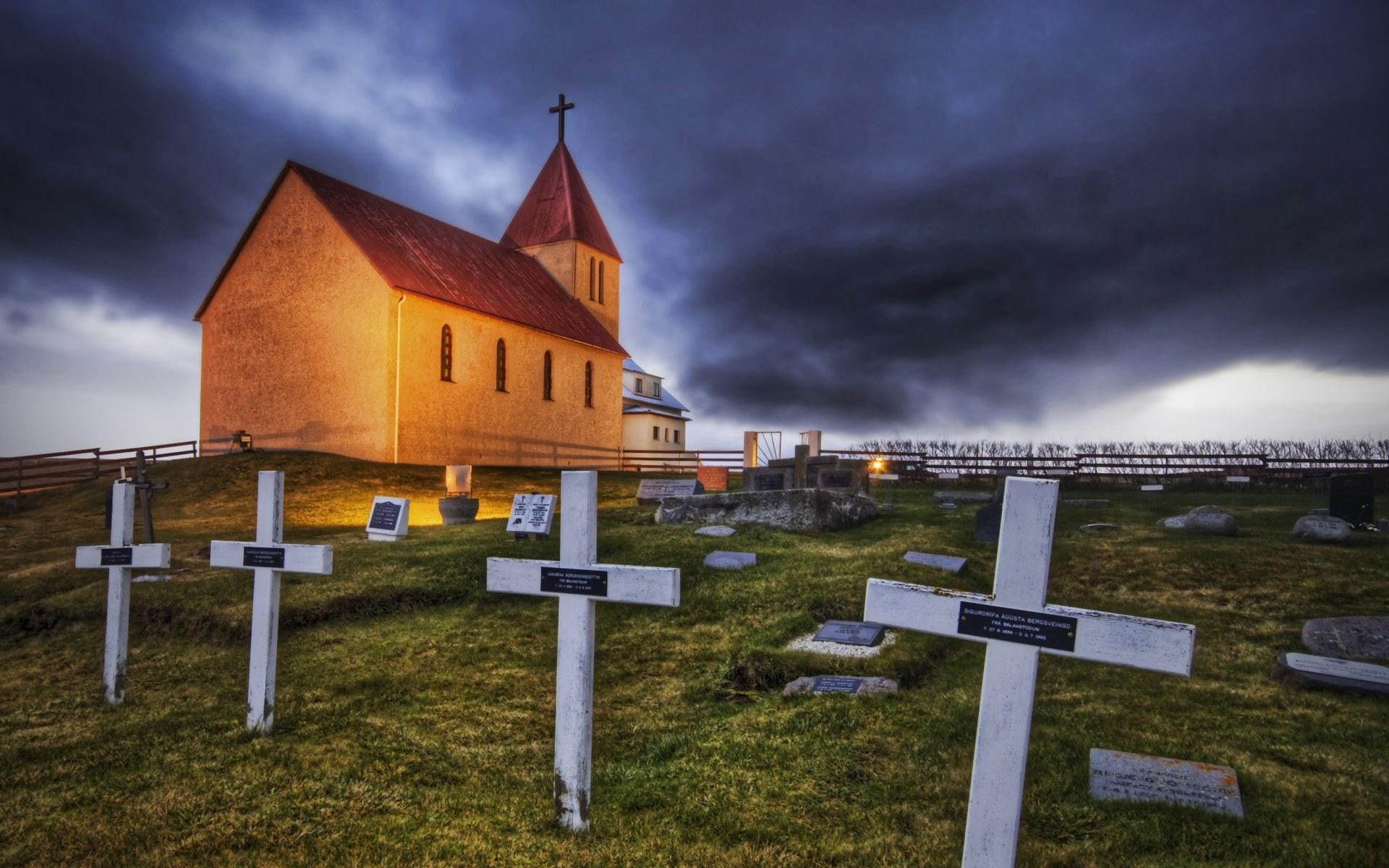 cemetery, animals, cmetery, 1080P, stormy clouds, church, crosses, HD Wallpaper
