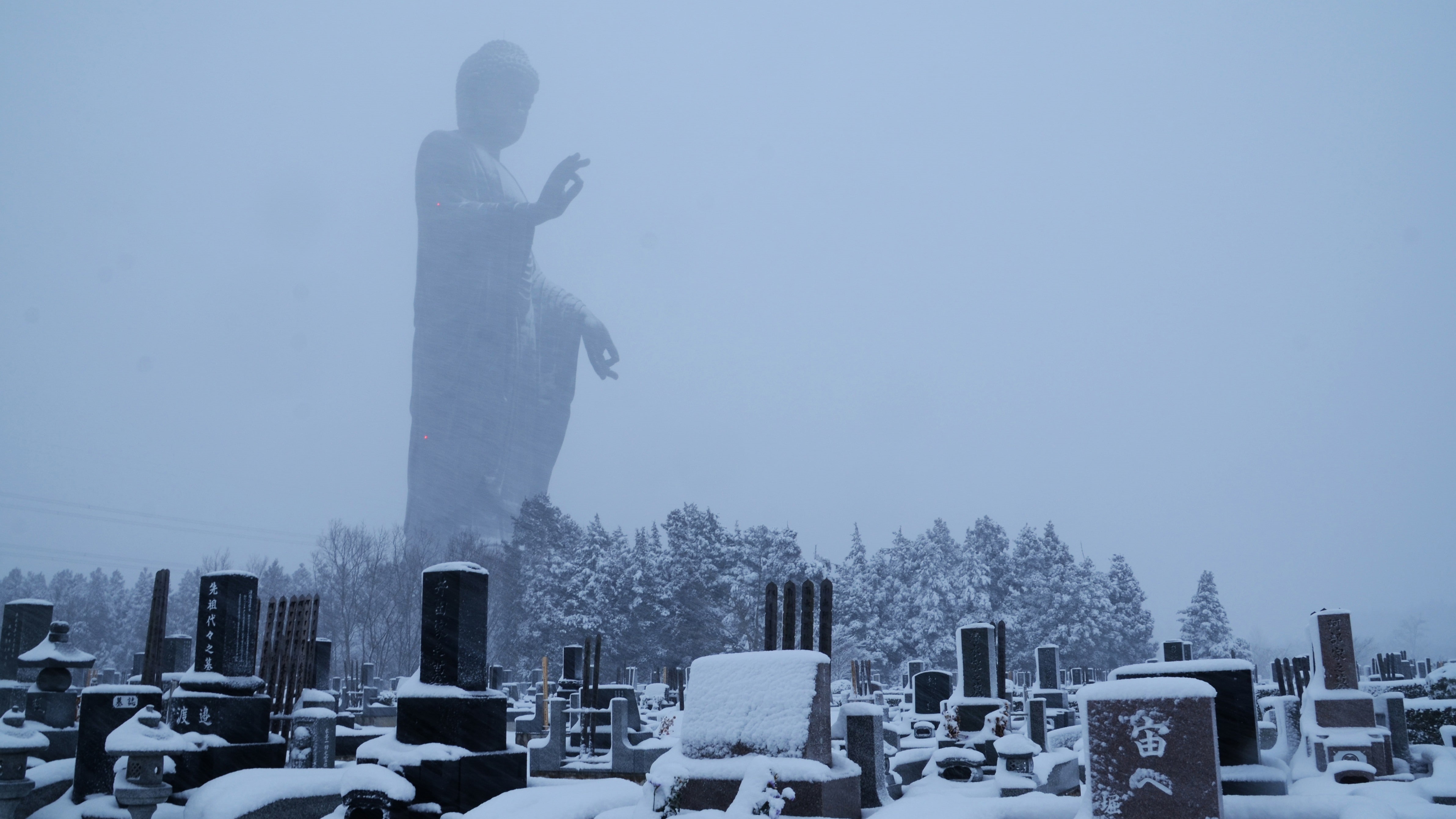 human representation, Buddha, no people, nature, 4K, built structure, snow, winter, sculpture, statue, cold temperature, tombstones, architecture, sky, HD Wallpaper