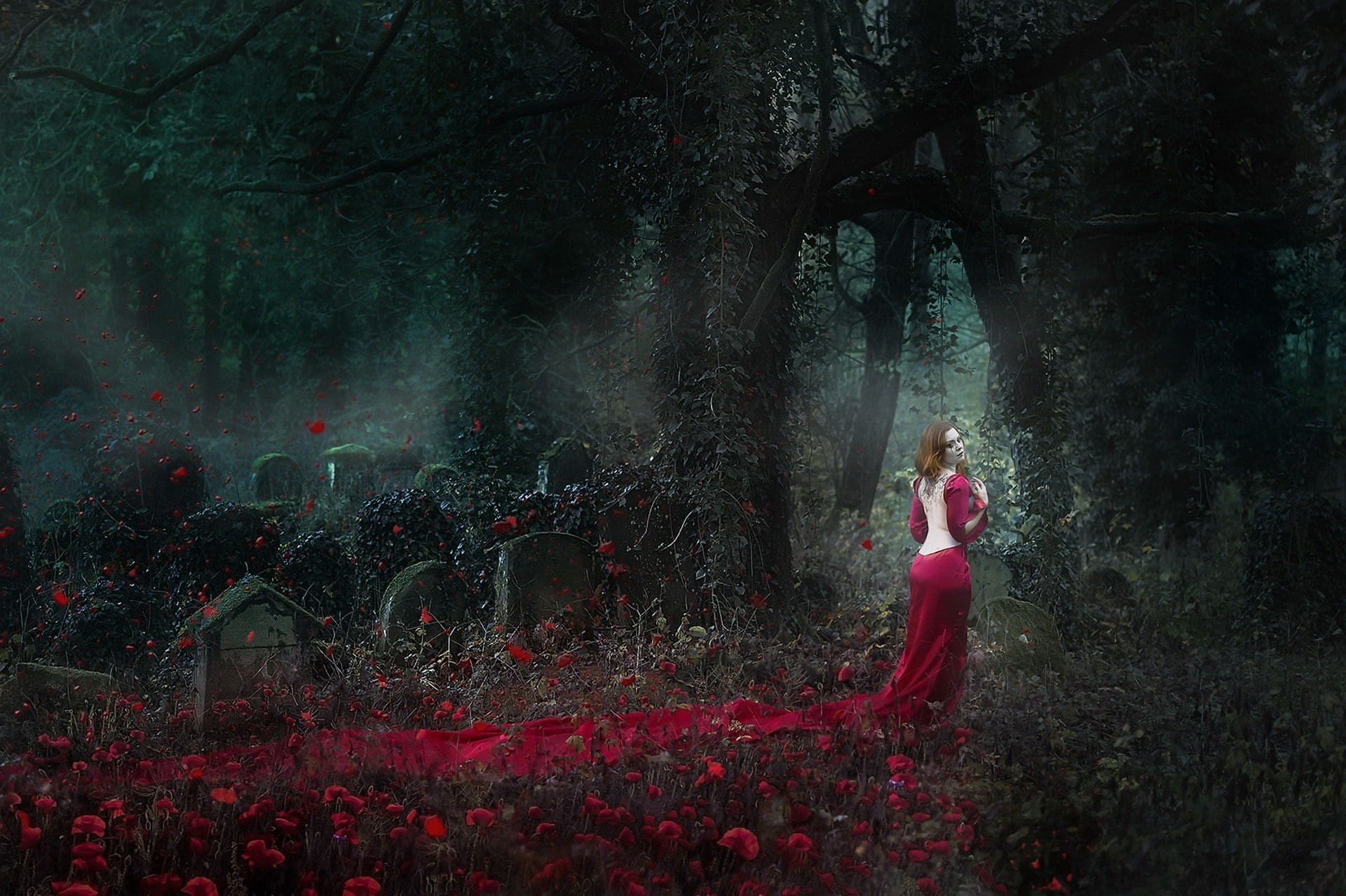 flowers, 1080P, women, tombstones, fantasy art, dress, HD Wallpaper